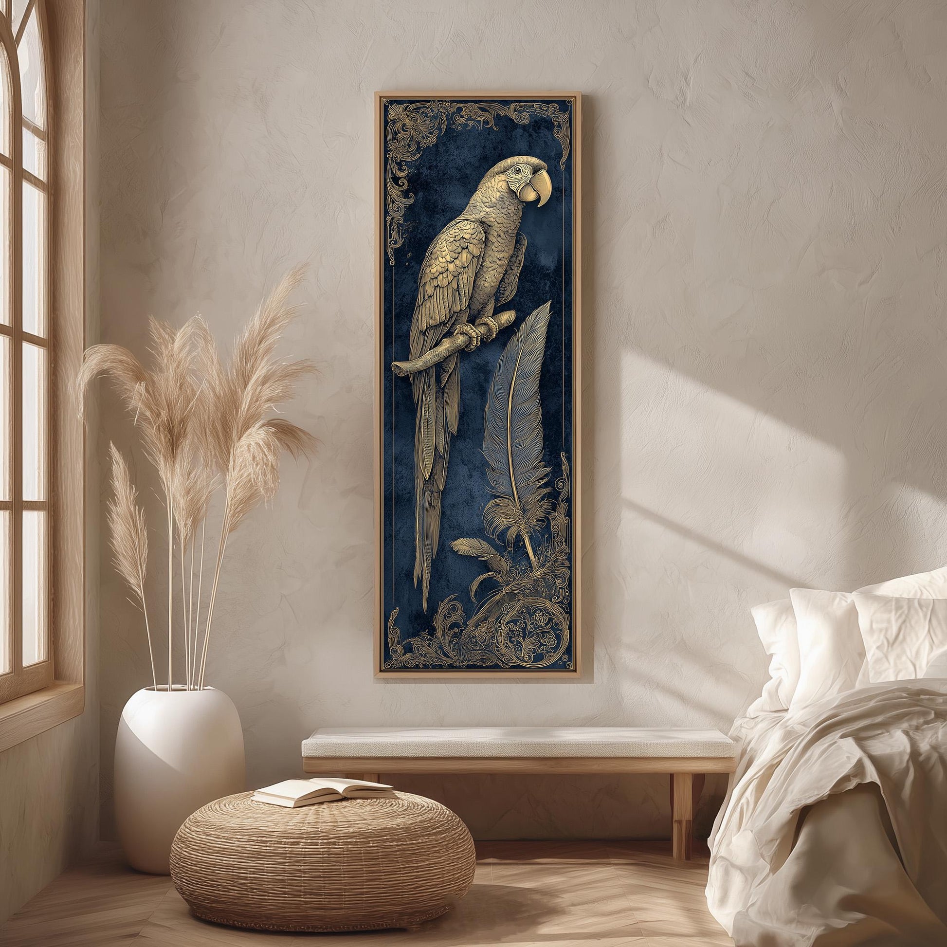 a large painting of a parrot on a blue background, hanging on a wall in a room with a bed, a wicker ottoman, and a potted plant.