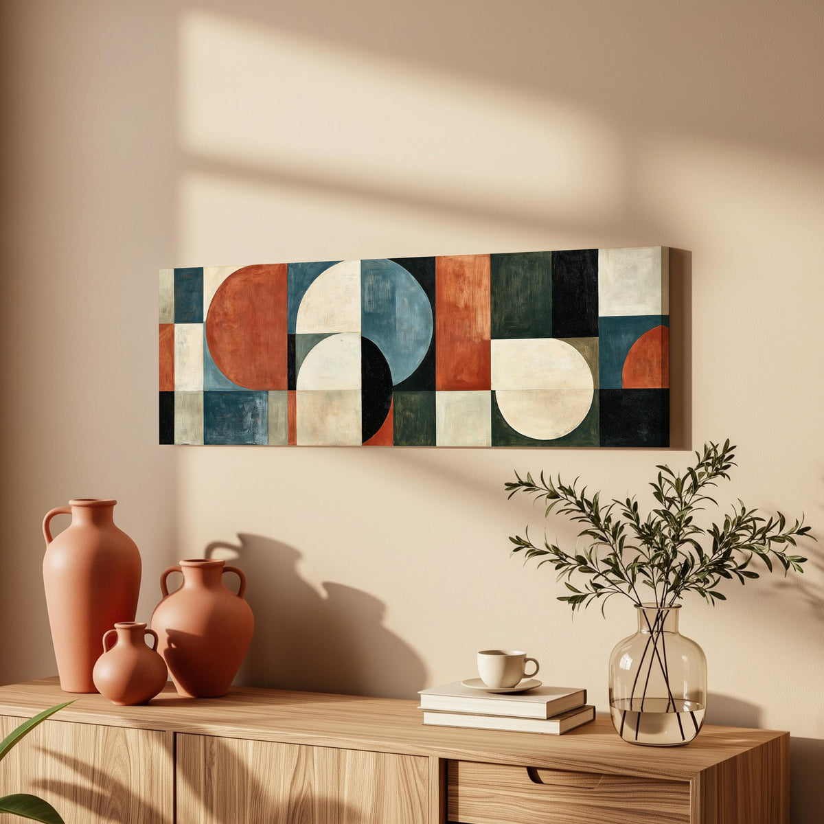 Rust and blue geometric arches and circles long horizontal canvas print above a wooden sideboard