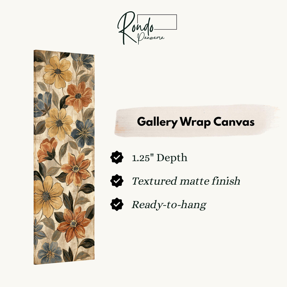 Gold and blue floral pattern gallery wrap canvas with the image wrapped around the edges