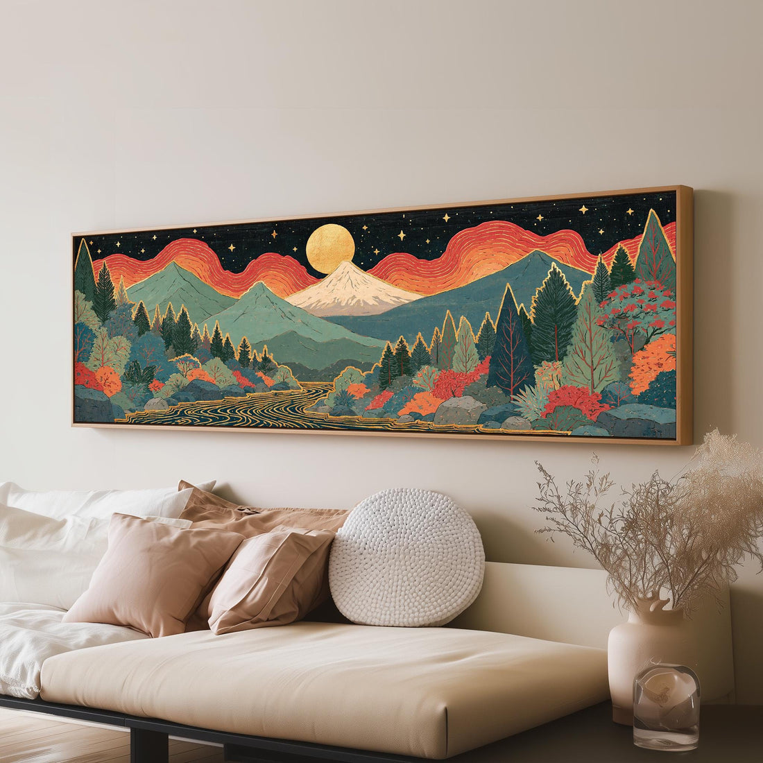 Mystic mountains under a moonrise long horizontal canvas print above a sofa in a living room