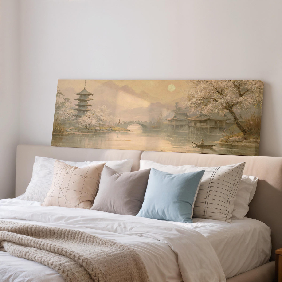 Pagoda and stone bridge at dusk wide panoramic canvas print above a bed in a bedroom