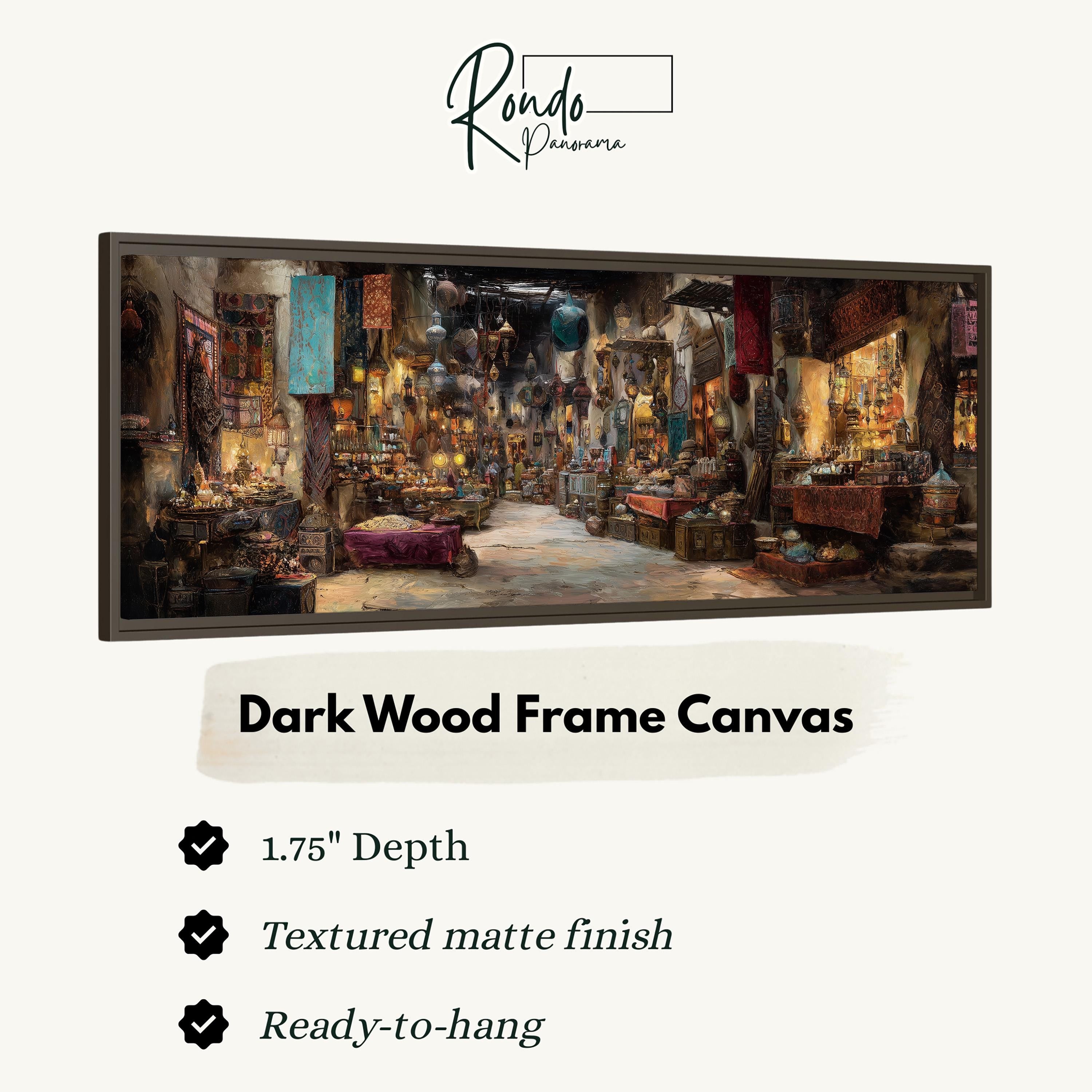 The image is a dark wood frame canvas depicting a bustling market scene with various stalls, goods, and people.