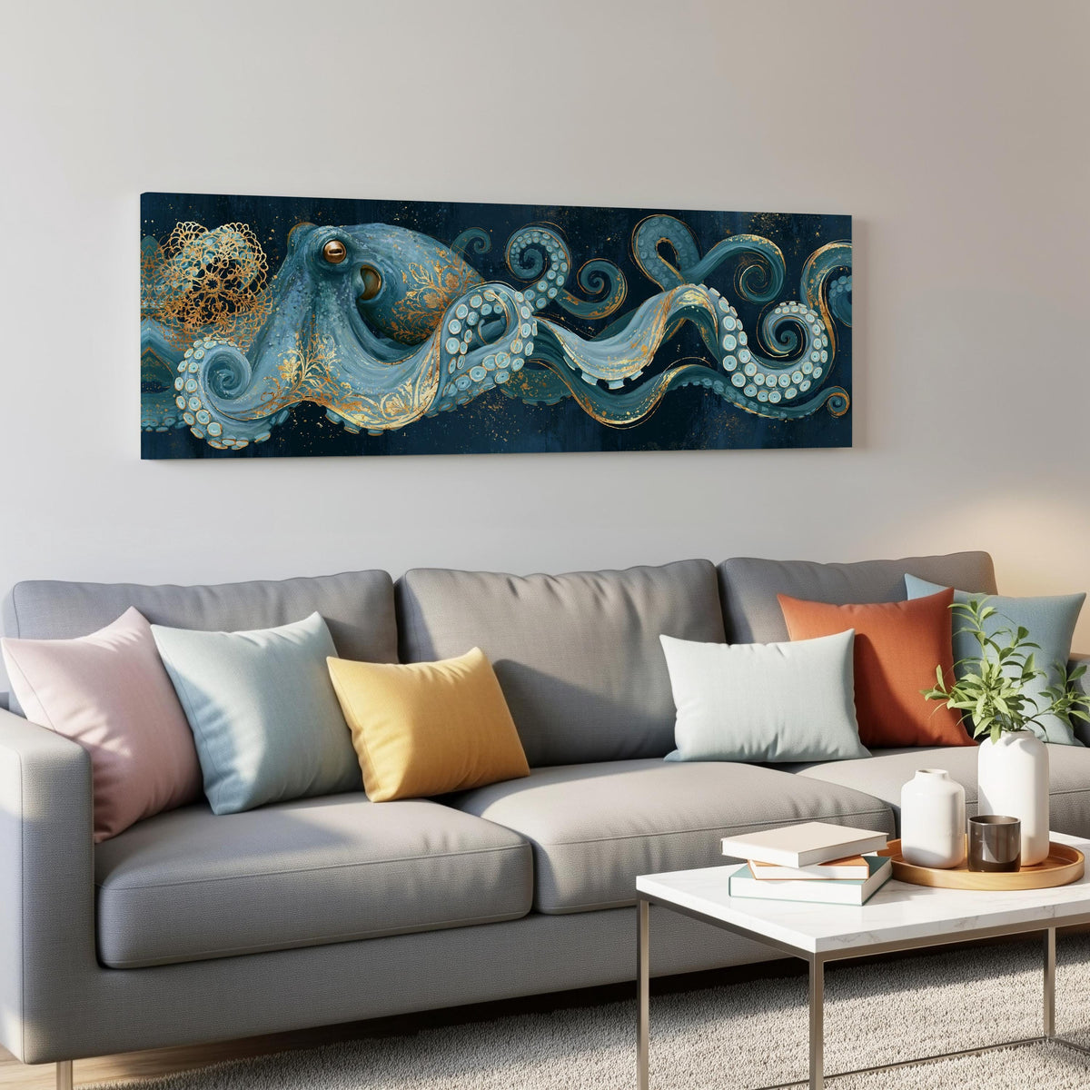 Blue and gold octopus panoramic canvas print above a grey sofa in a living room