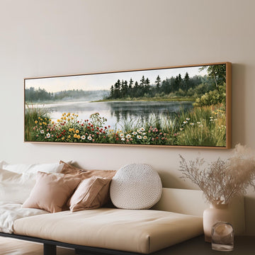 Lake with wildflowers on the shore long horizontal canvas print above a sofa in a living room