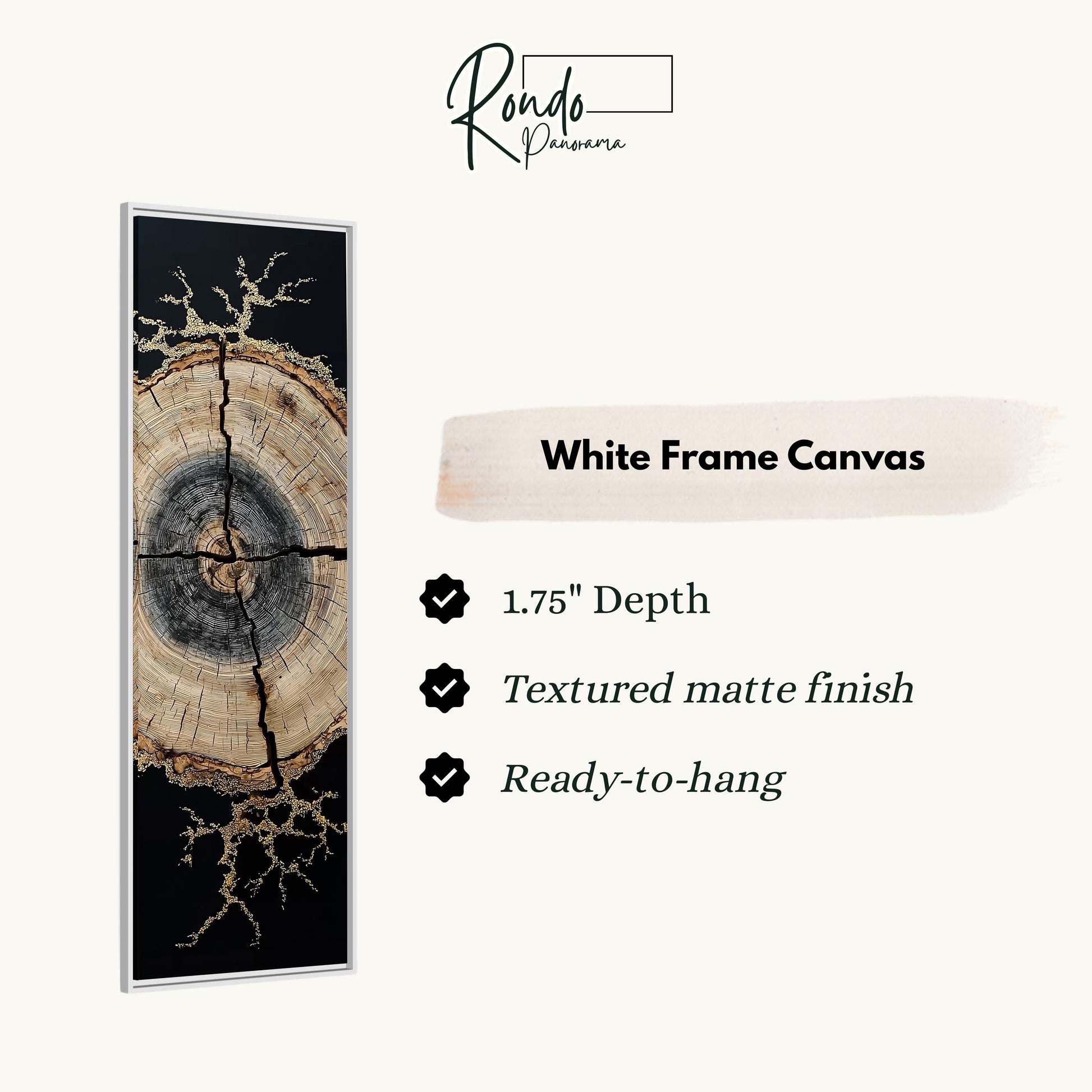 The image is a white frame canvas with a black and gold design depicting a tree trunk with cracks and branches.