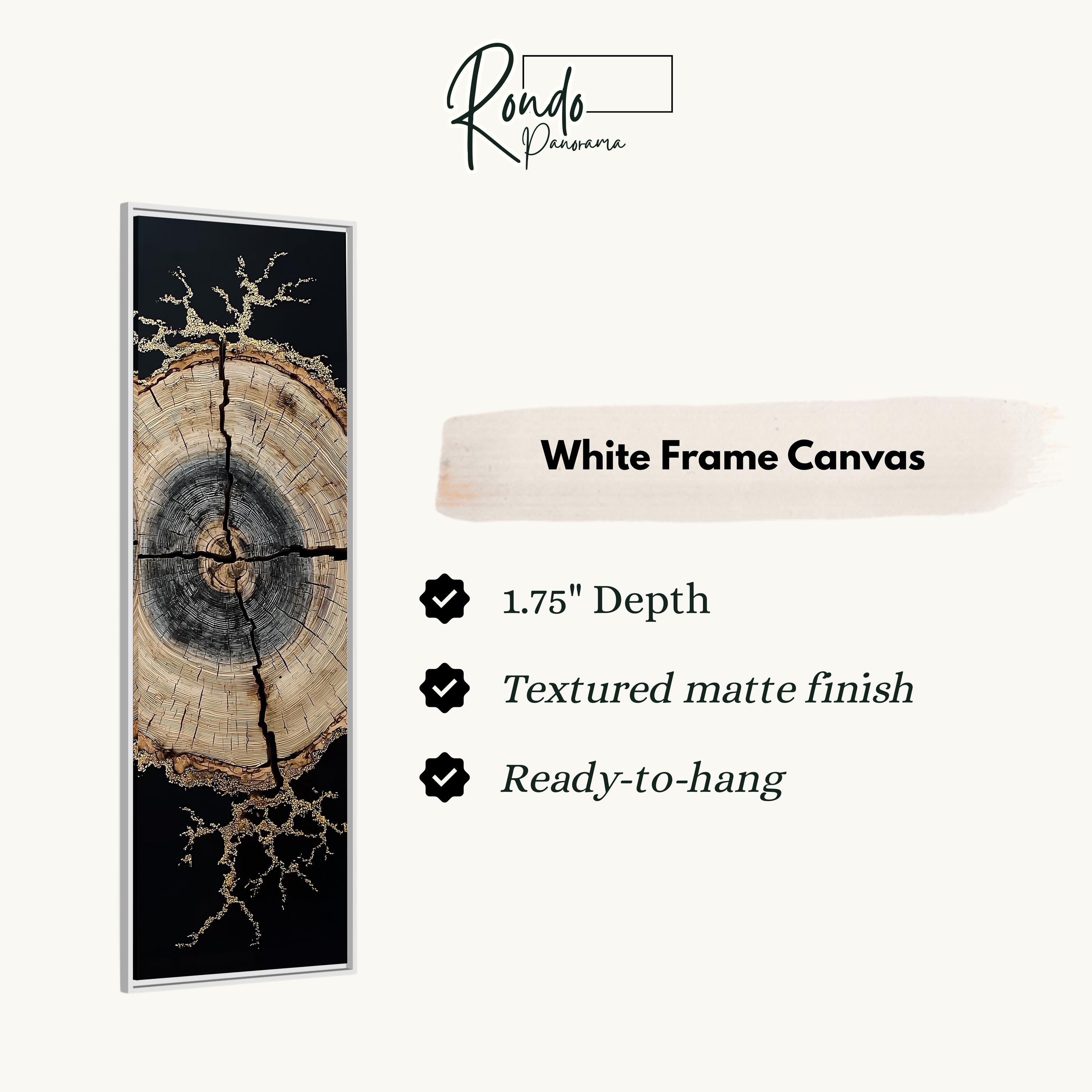 The image is a white frame canvas with a black and gold design depicting a tree trunk with cracks and branches.