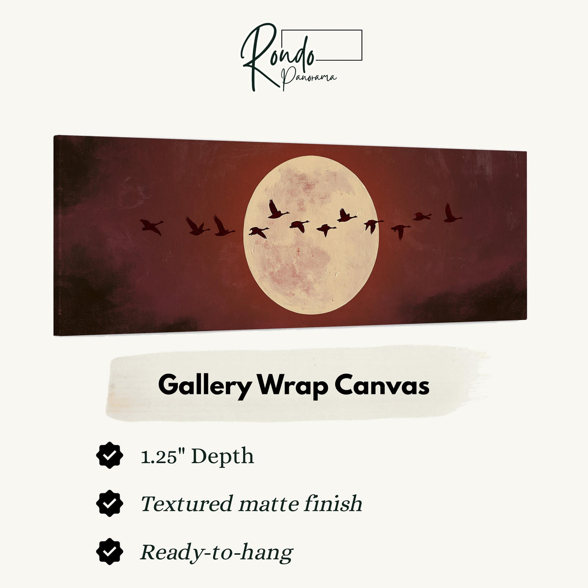 Geese crossing a pale moon on maroon gallery wrap canvas with the image wrapped around the edges