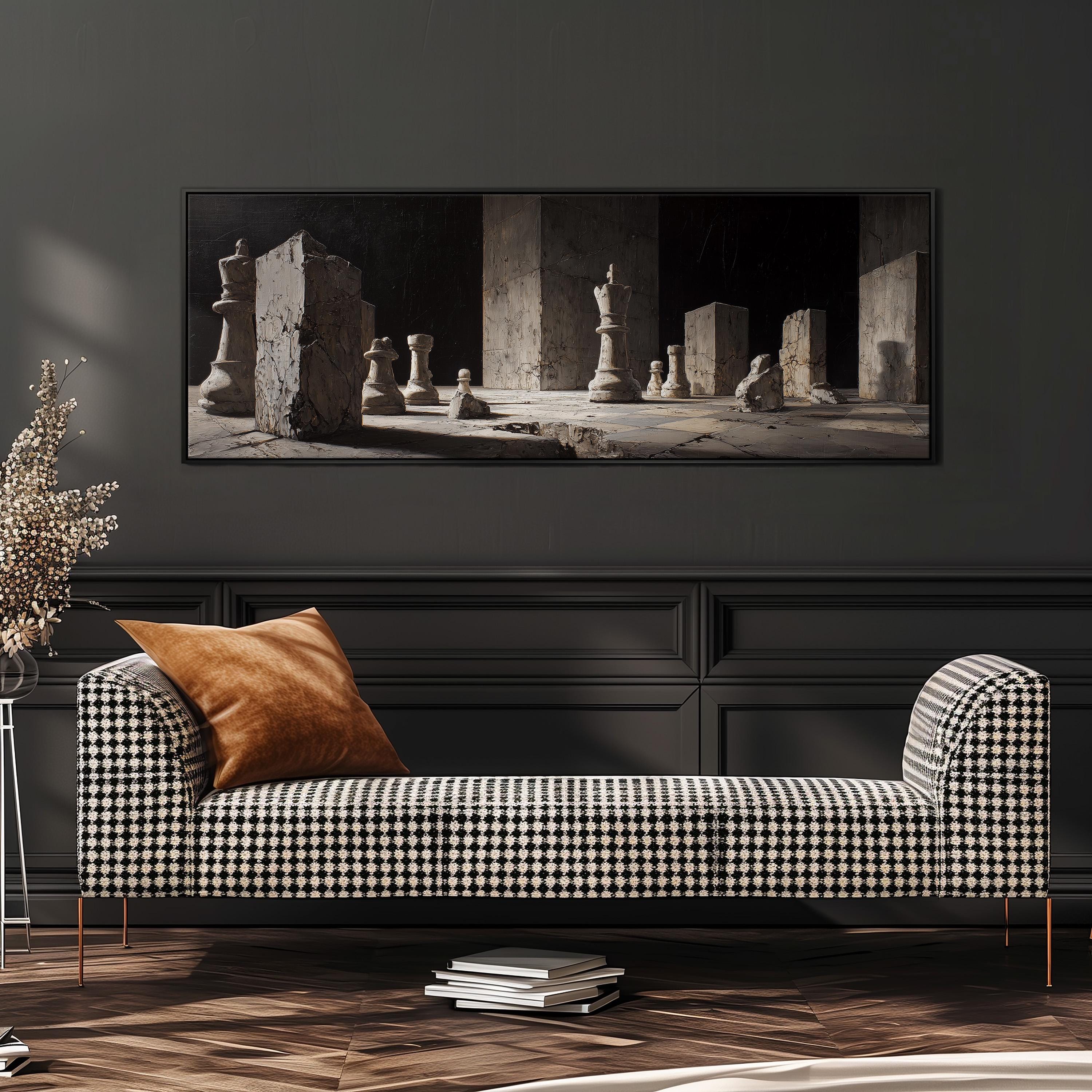 a black and white checkered sofa with a brown throw pillow, set against a dark wall with a large framed painting of chess pieces above it.