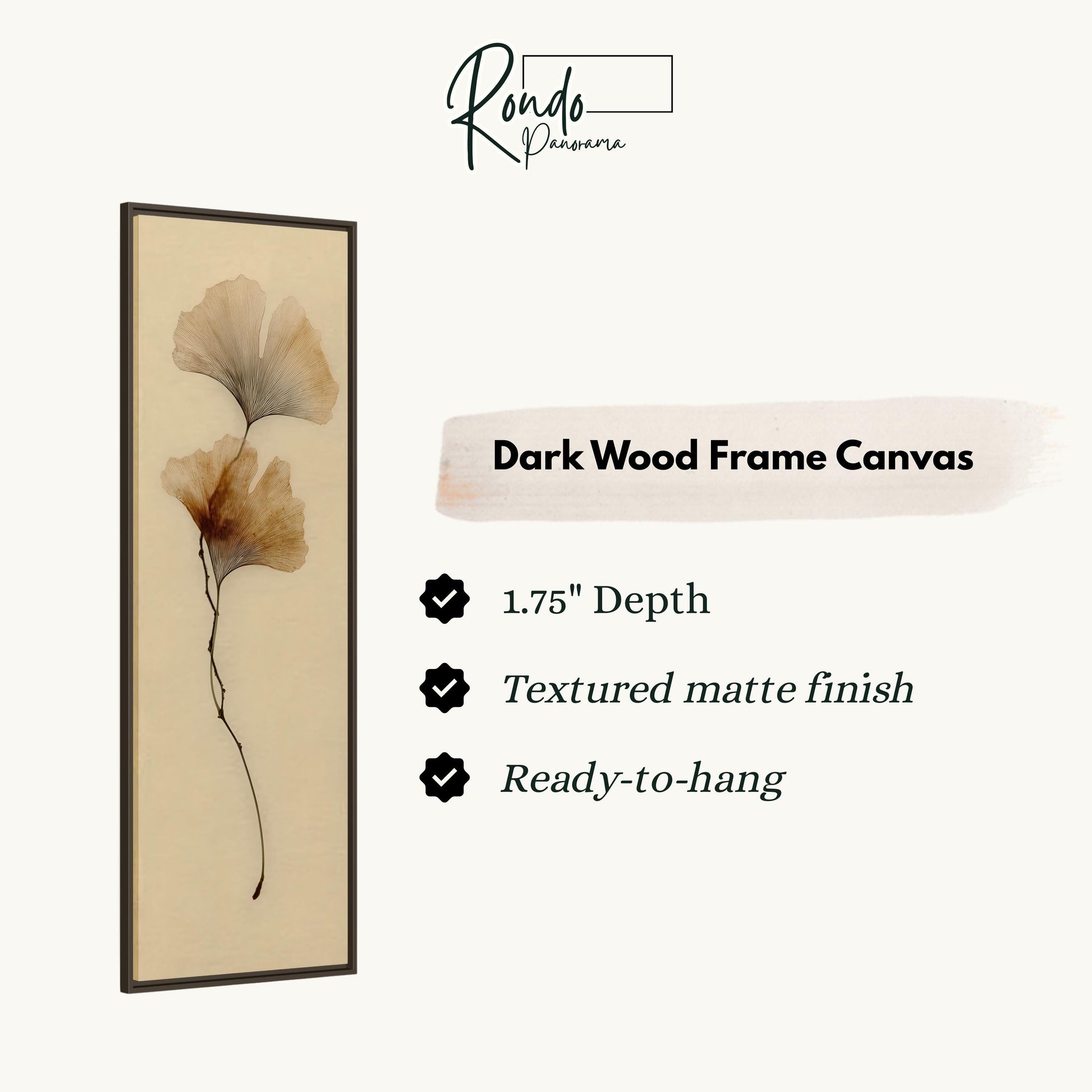 The image is a product description for a dark wood frame canvas. It features a close-up of a leafy plant on a beige background, along with text providing details about the product.