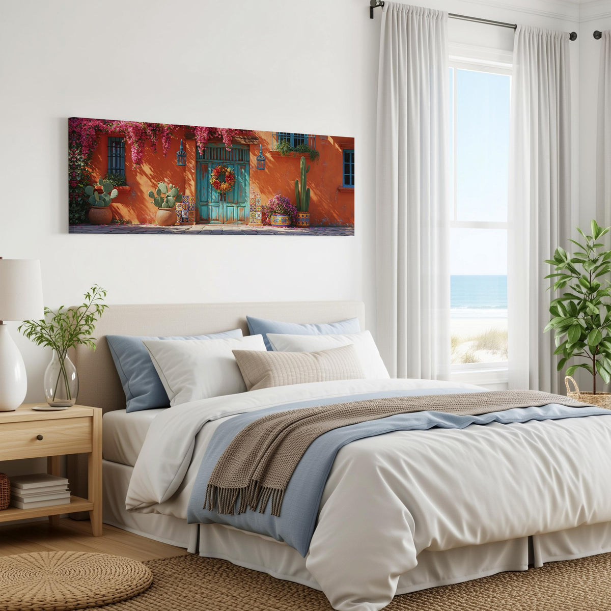 Adobe doorway with a wreath and cacti panoramic canvas print above a bed in a coastal bedroom