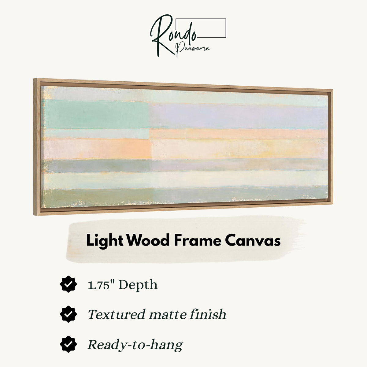 Mint, lavender and peach pastel bands canvas print in a light wood floating frame