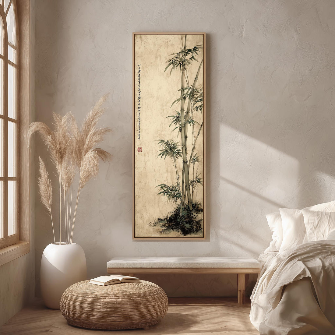 a large framed painting of bamboo plants hanging on a wall, with a wooden chair and a small table in the foreground.
