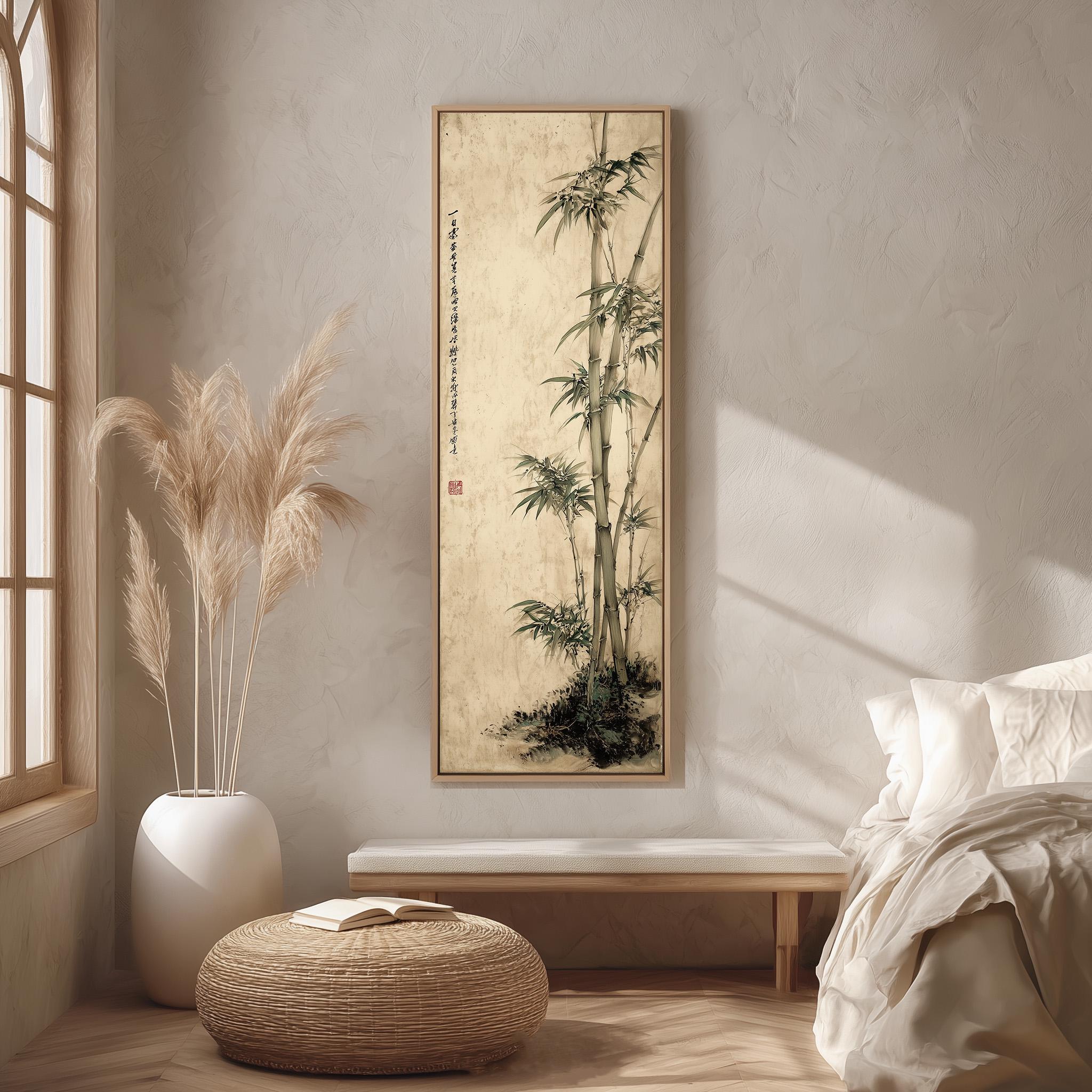a serene and minimalist bedroom with a large bamboo painting hanging on the wall, a white bed with a white pillow, a white vase with tall potted plants, and a woven ottoman.