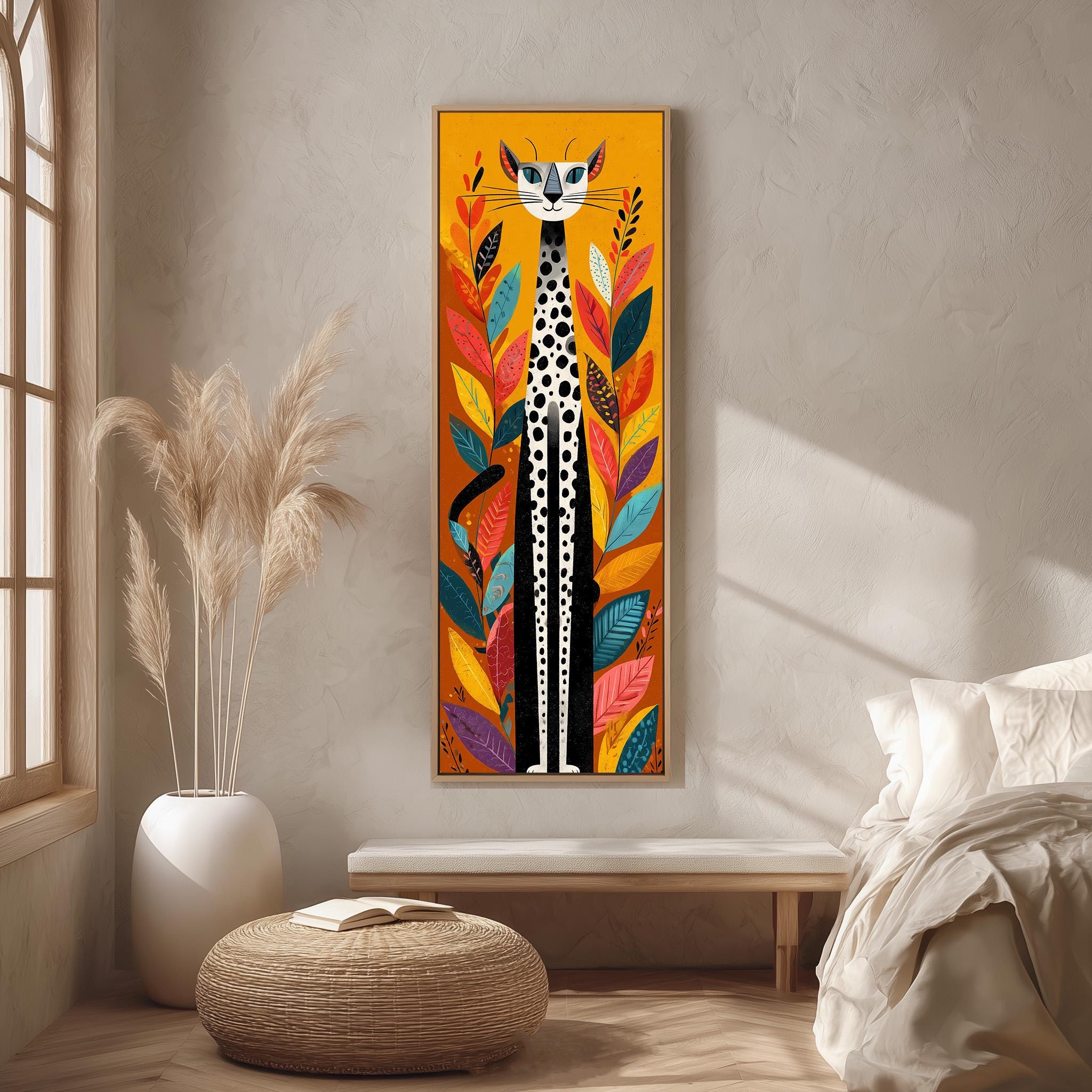 a vibrant, colorful painting of a cat with a striking pattern of spots, hanging on a wall in a cozy living room setting.