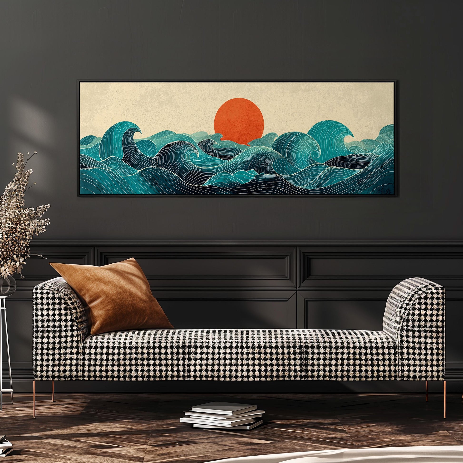 a large, colorful painting of a seascape with a sun in the background, hanging on a wall above a black and white checkered sofa.