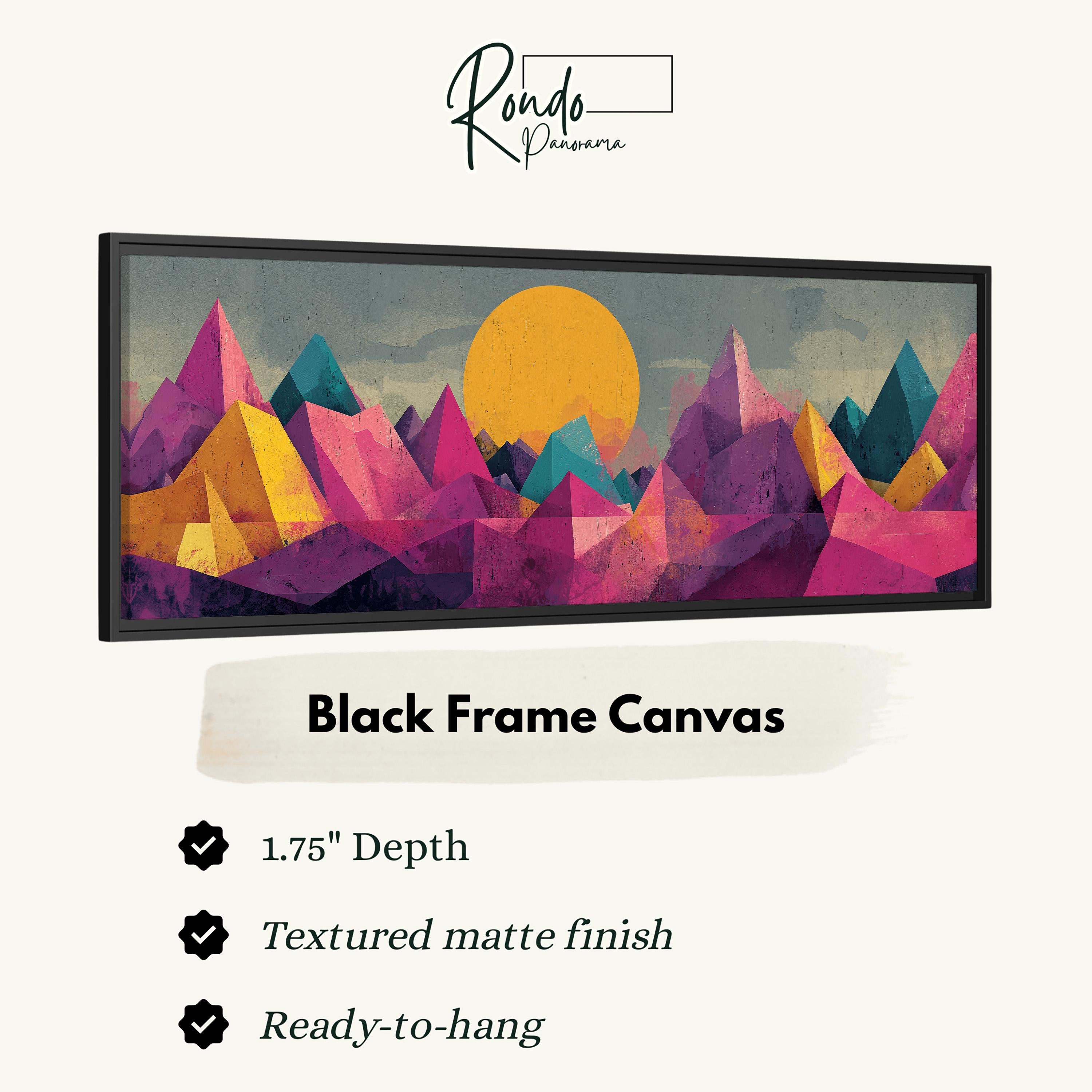 The image is a black frame canvas depicting a vibrant, abstract mountain landscape with a large sun in the sky.