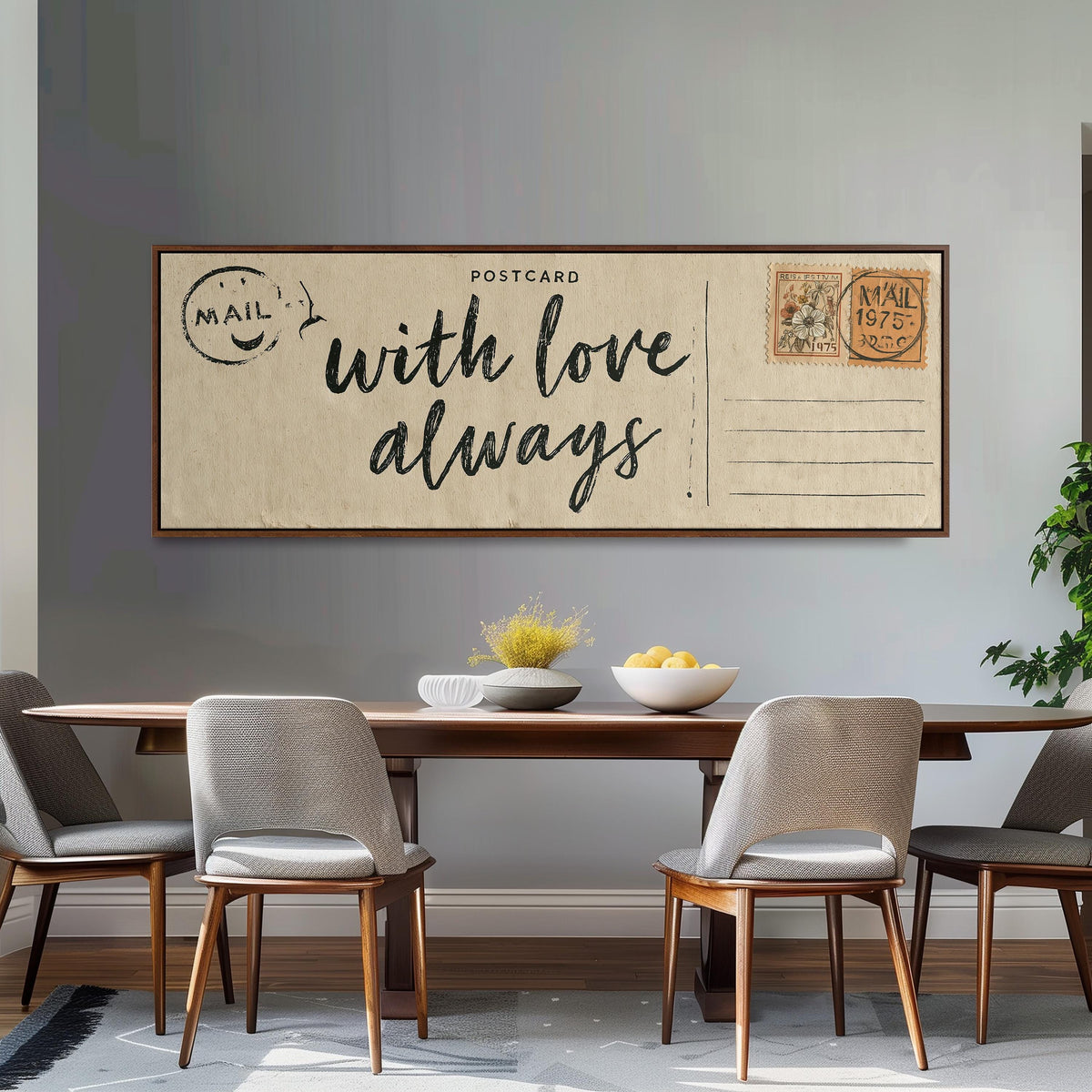 Vintage postcard saying with love always long horizontal canvas print above a dining table