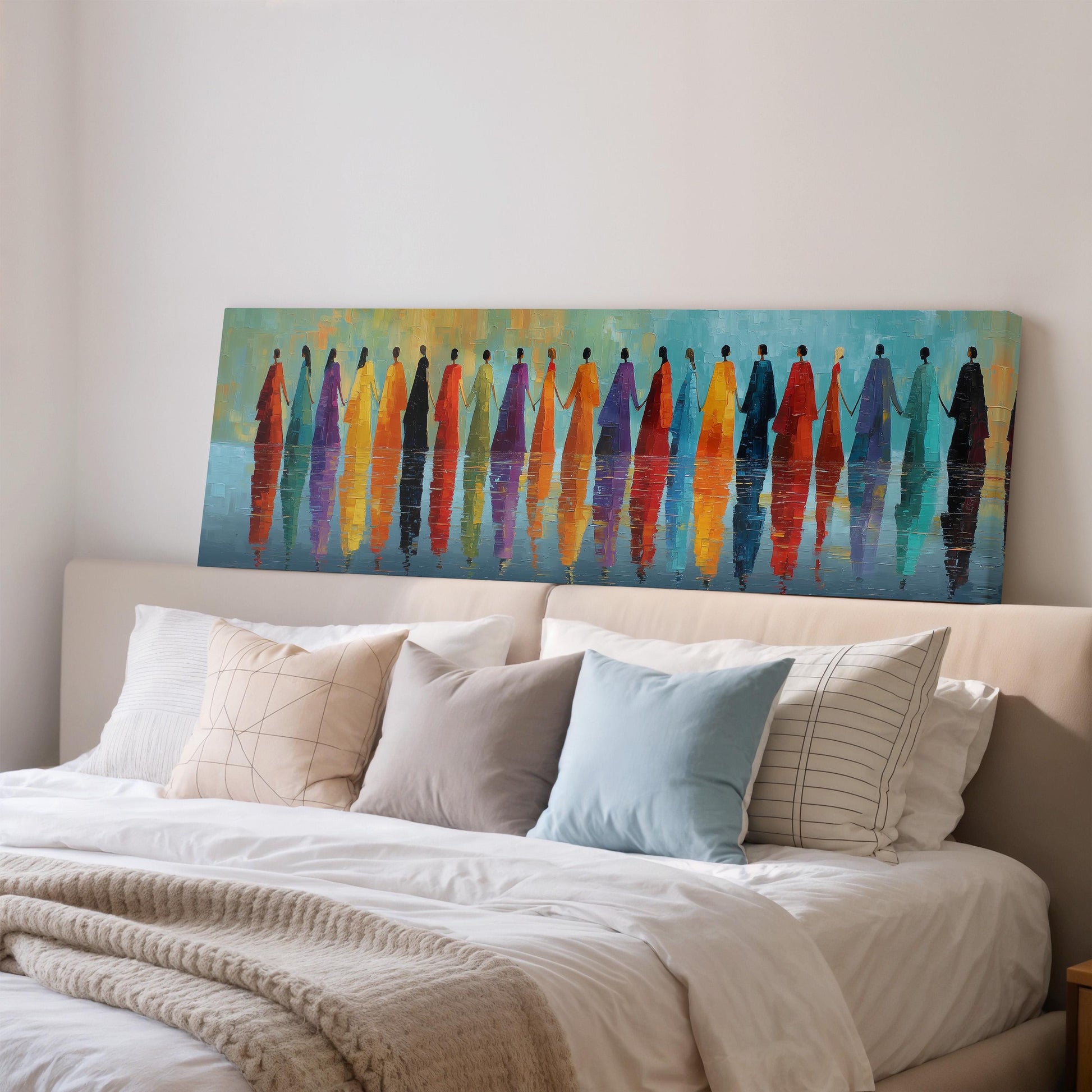 a large painting of people in colorful clothing displayed on a wall above a bed with white bedding and pillows.