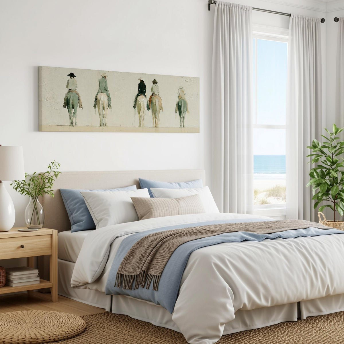 Riders on horseback seen from behind panoramic canvas print above a bed in a coastal bedroom
