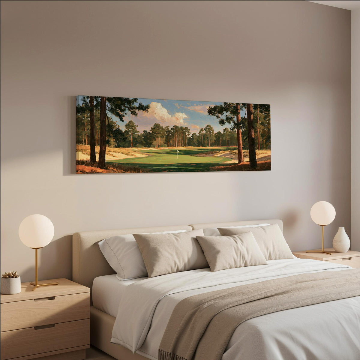 Golf fairway lined with tall pines wide panoramic canvas print above a bed in a neutral bedroom