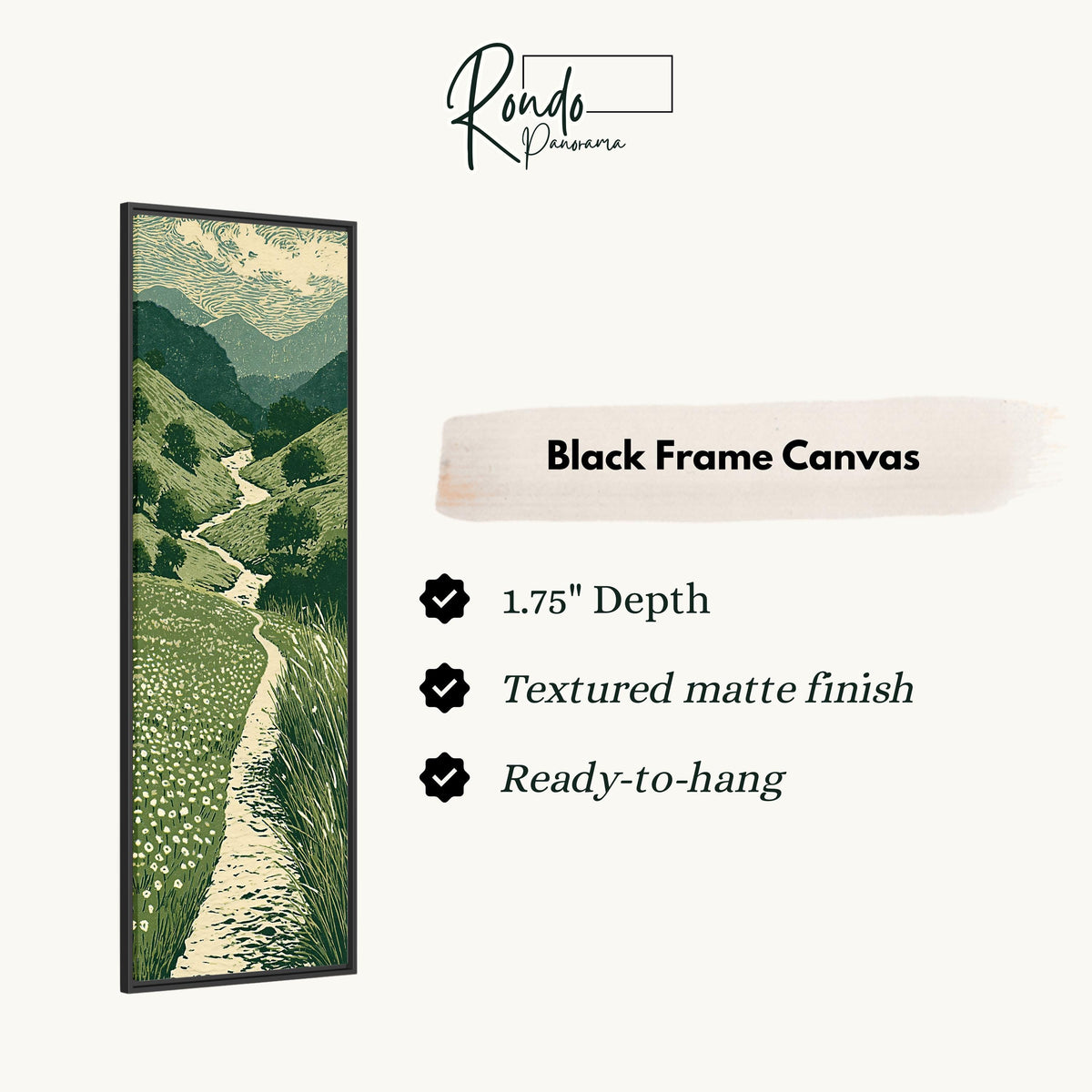 Trail winding through green mountains canvas print in a black floating frame
