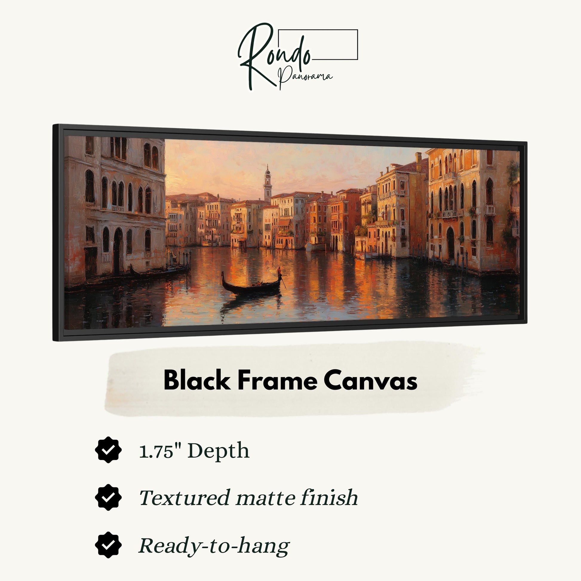 The image is a black frame canvas depicting a painting of a cityscape with a gondola in the foreground, set against a sunset over the water.
