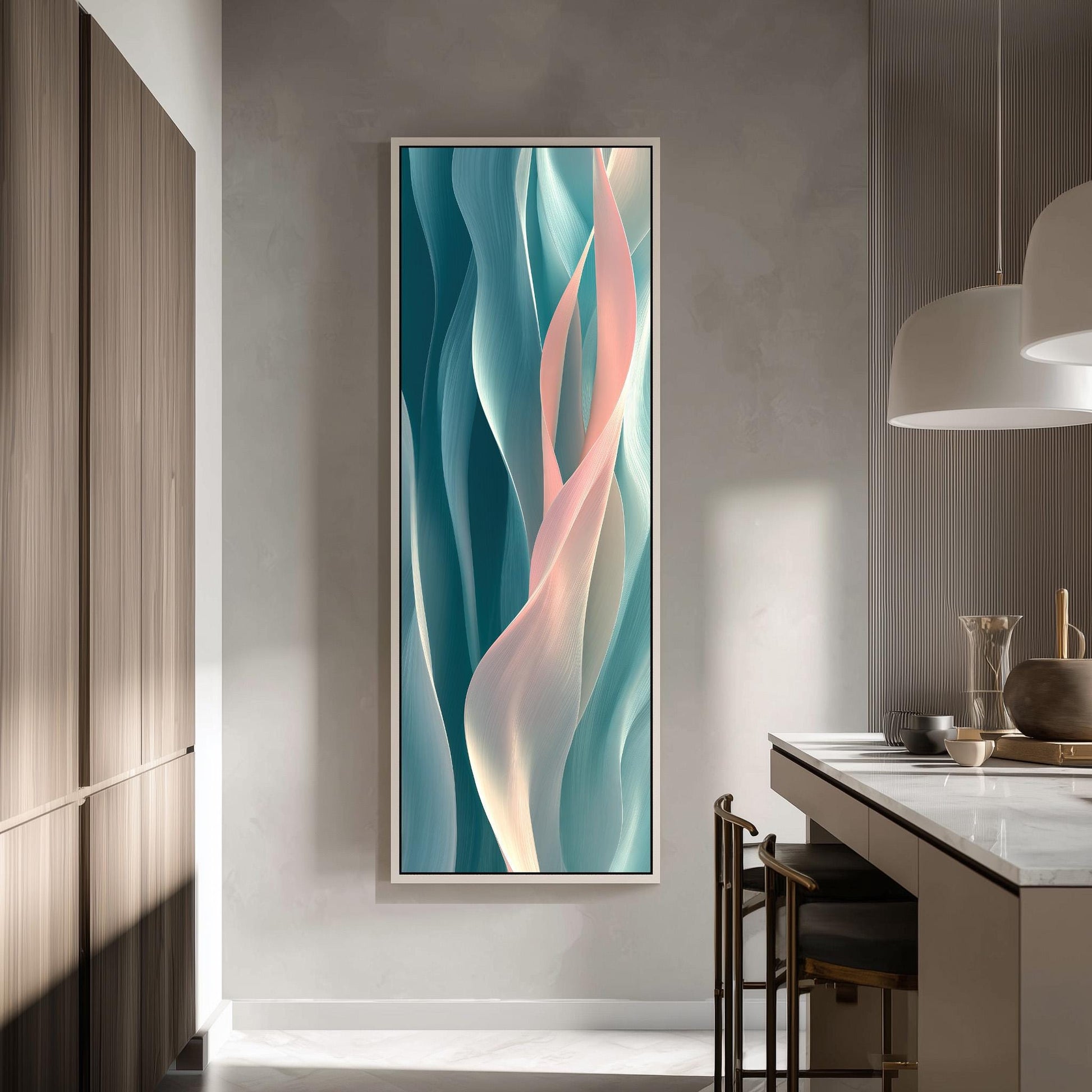 a modern kitchen with a large abstract painting hanging on the wall. The painting has a vibrant mix of blue, pink, and green colors, creating a visually striking contrast against the neutral tones of the kitchen.