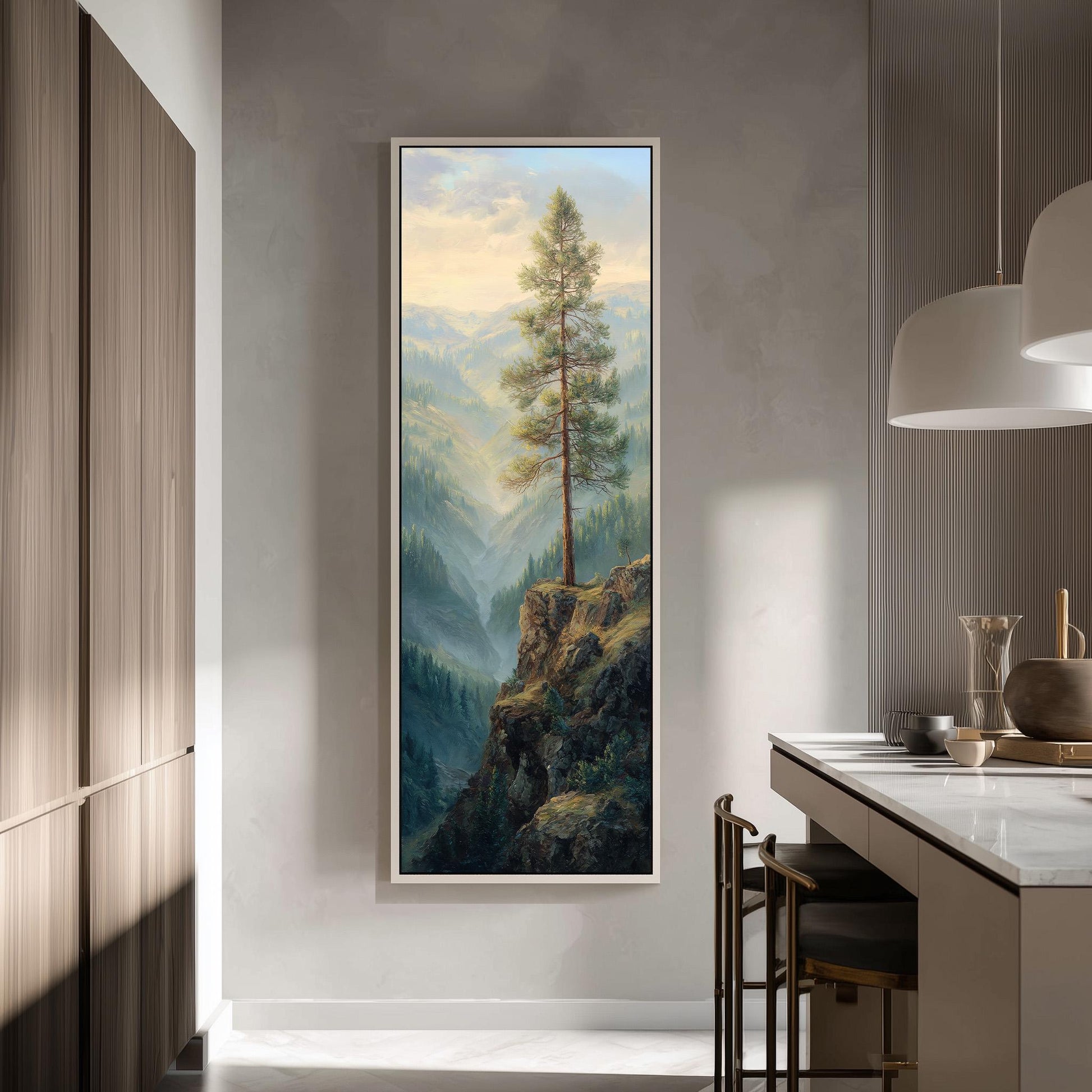 a large painting of a tall tree on a wall, with a mountainous landscape in the background.
