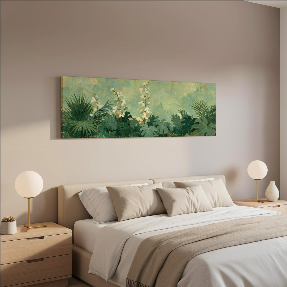 Tropical white blooms in green foliage wide panoramic canvas print above a bed in a neutral bedroom