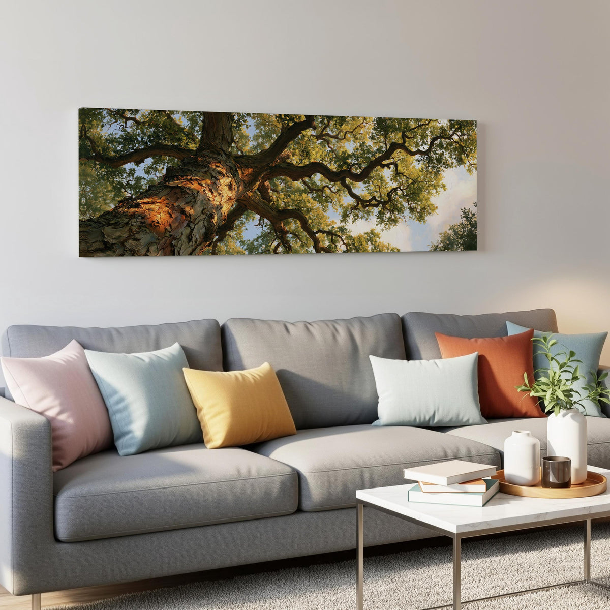 Twisting oak branch from below long horizontal canvas print displayed on a wall