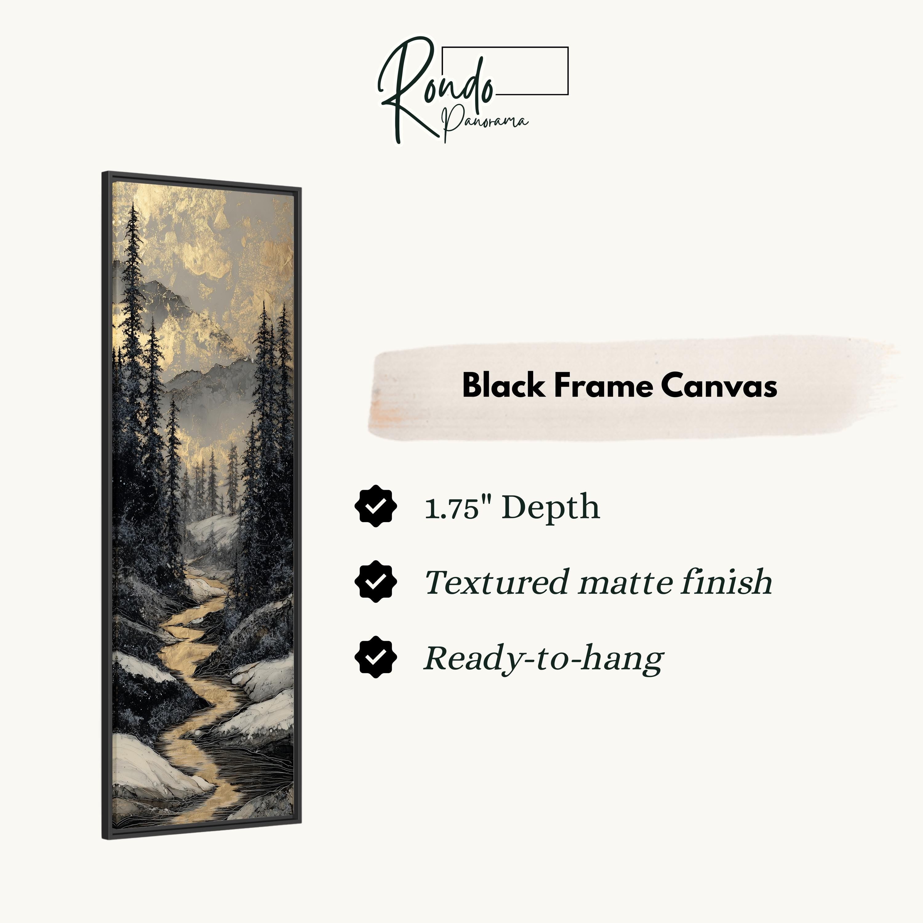 The image is a black frame canvas depicting a snowy forest landscape with a winding path.