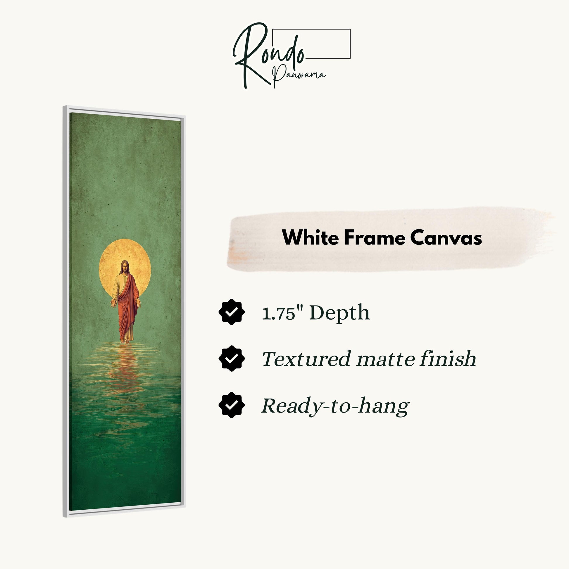 The image is a white frame canvas depicting a painting of Jesus Christ walking on water.