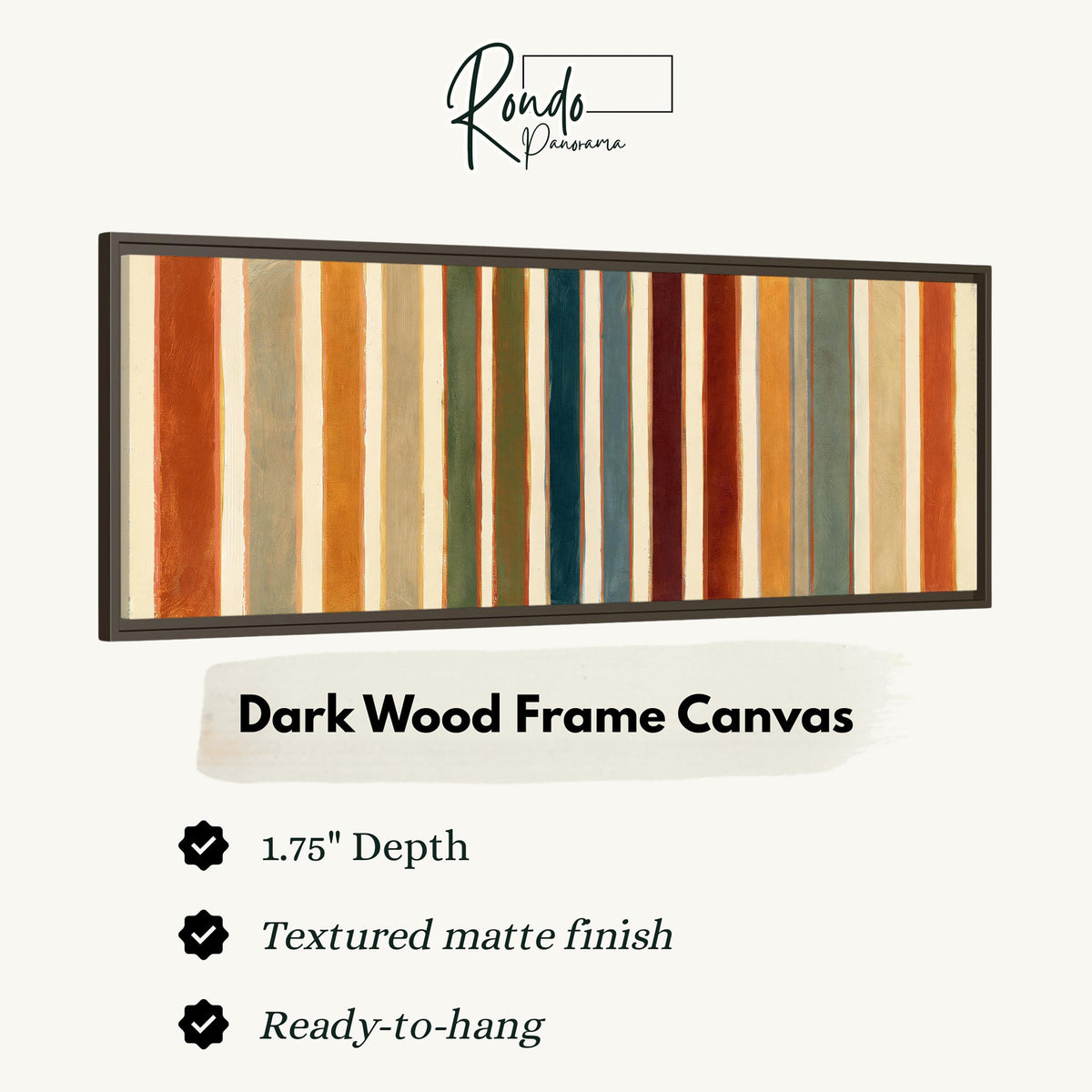 Rust, sage, maroon and teal stripes canvas print in a dark wood floating frame