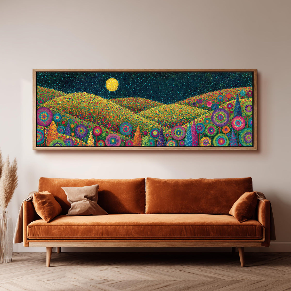 Moonlit flower hills long horizontal canvas print above a sofa in a living room