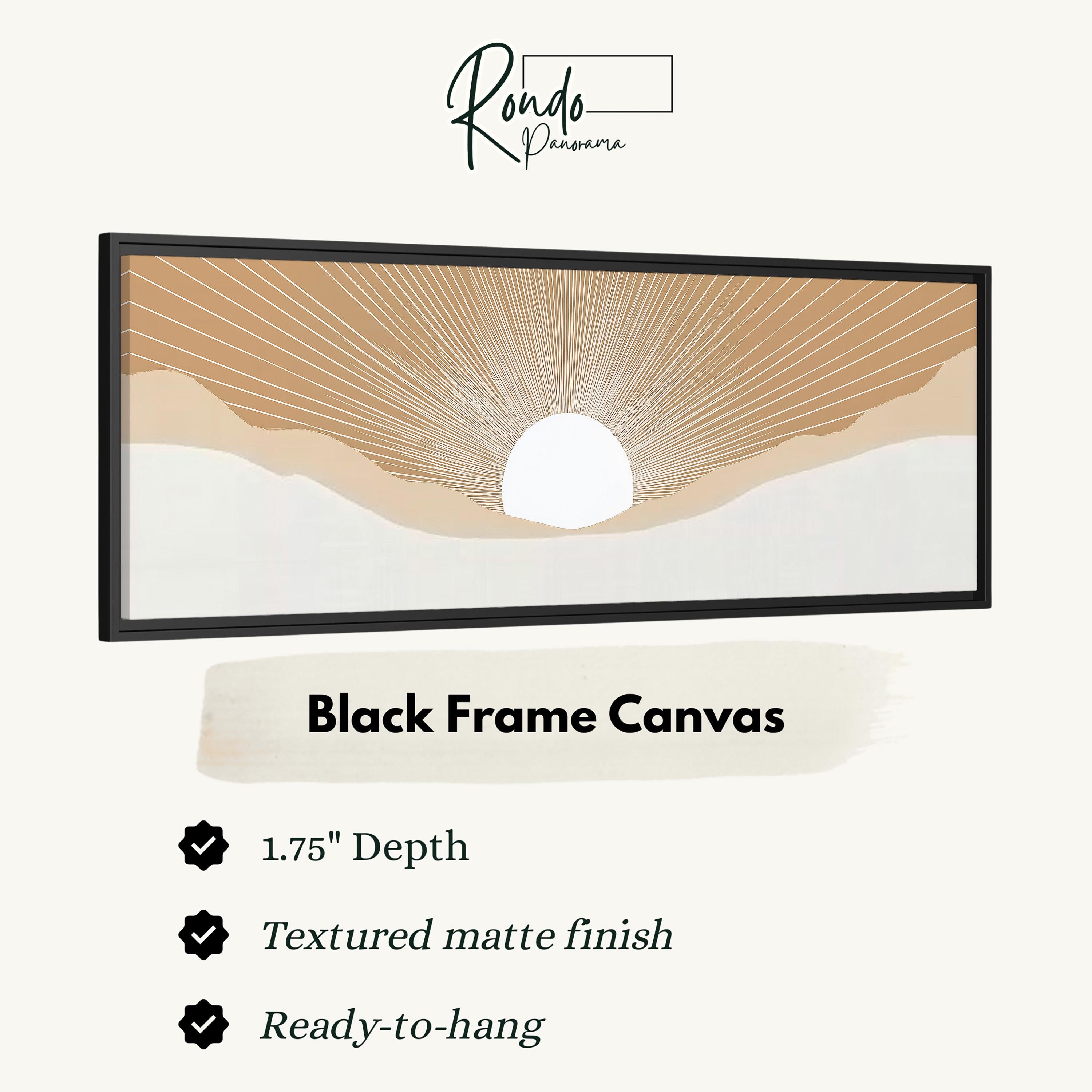 The image is a black frame canvas depicting a sunset over a desert landscape.