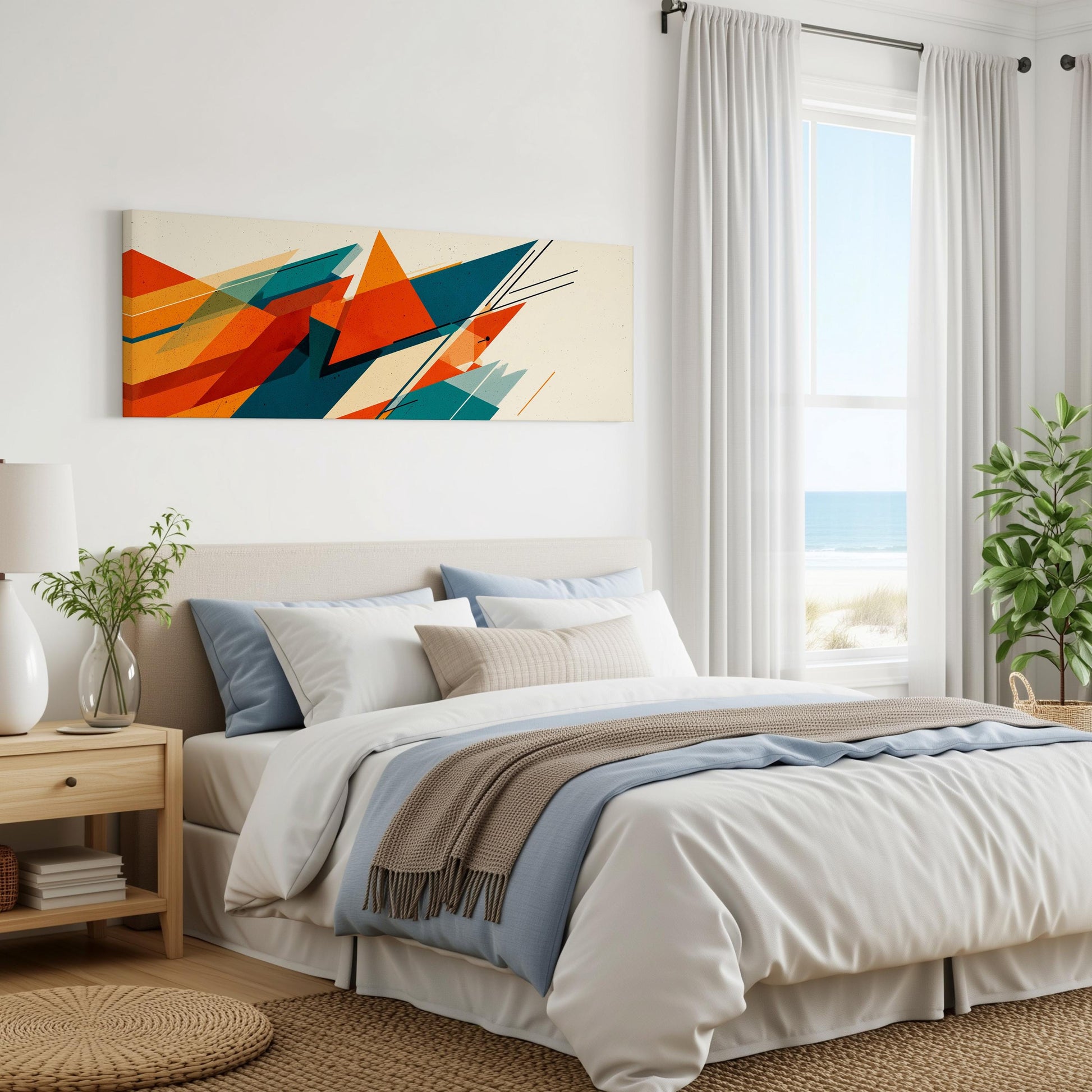 a modern bedroom with a large bed, a nightstand, and a painting on the wall. The room has a beach view through the window, and the overall color scheme is predominantly white and blue.