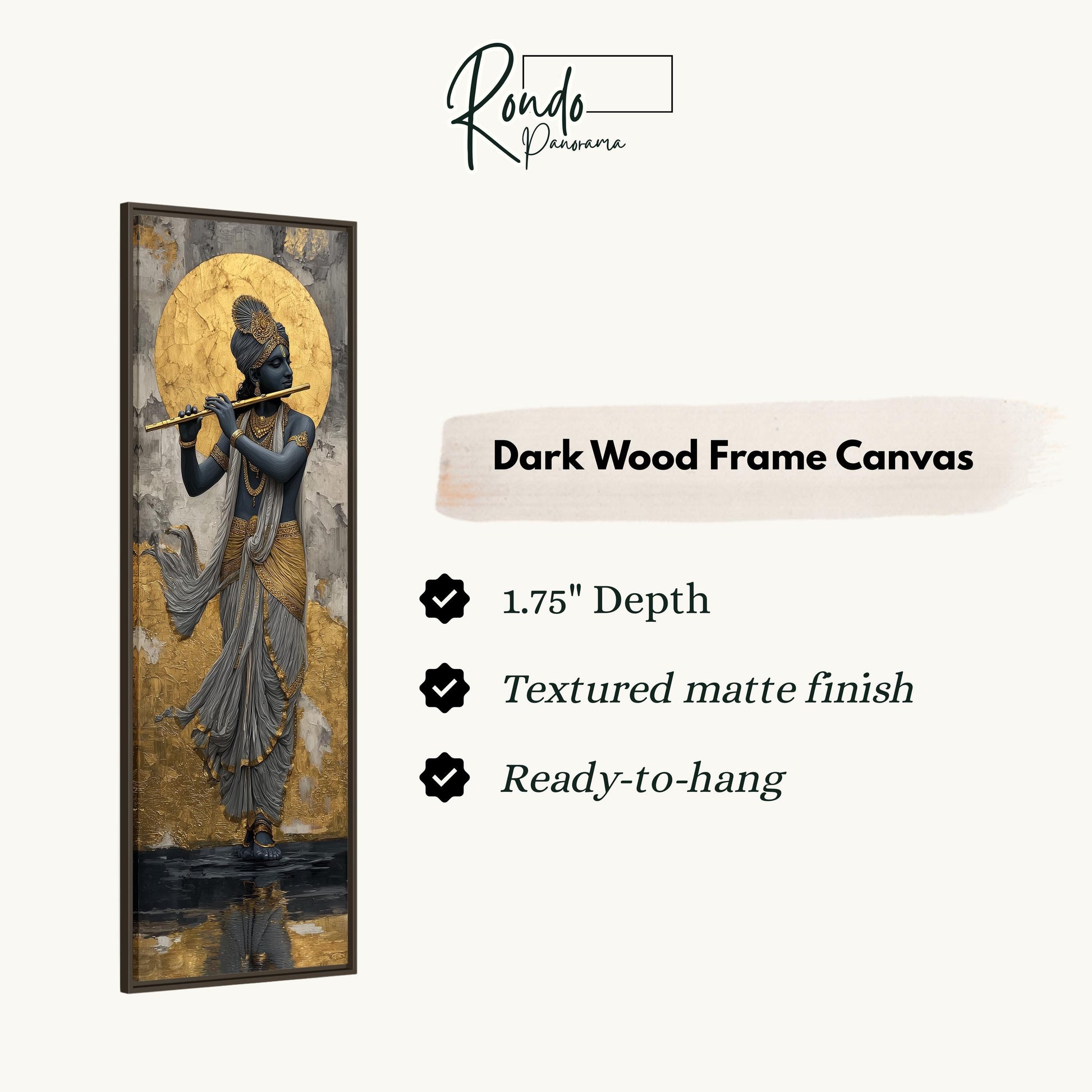 The image is a dark wood frame canvas featuring an artistic depiction of a person playing a flute.