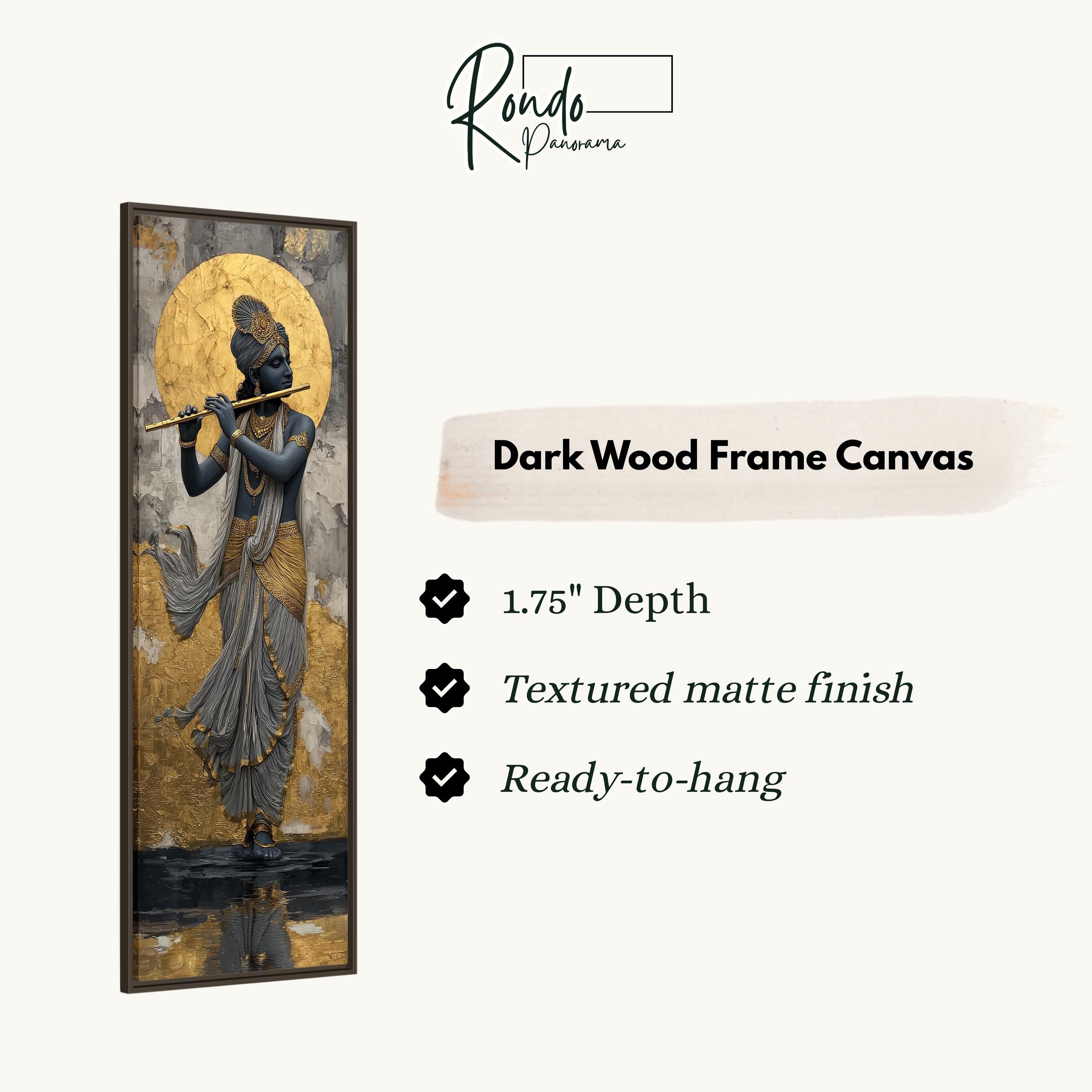 The image is a dark wood frame canvas featuring an artistic depiction of a person playing a flute.