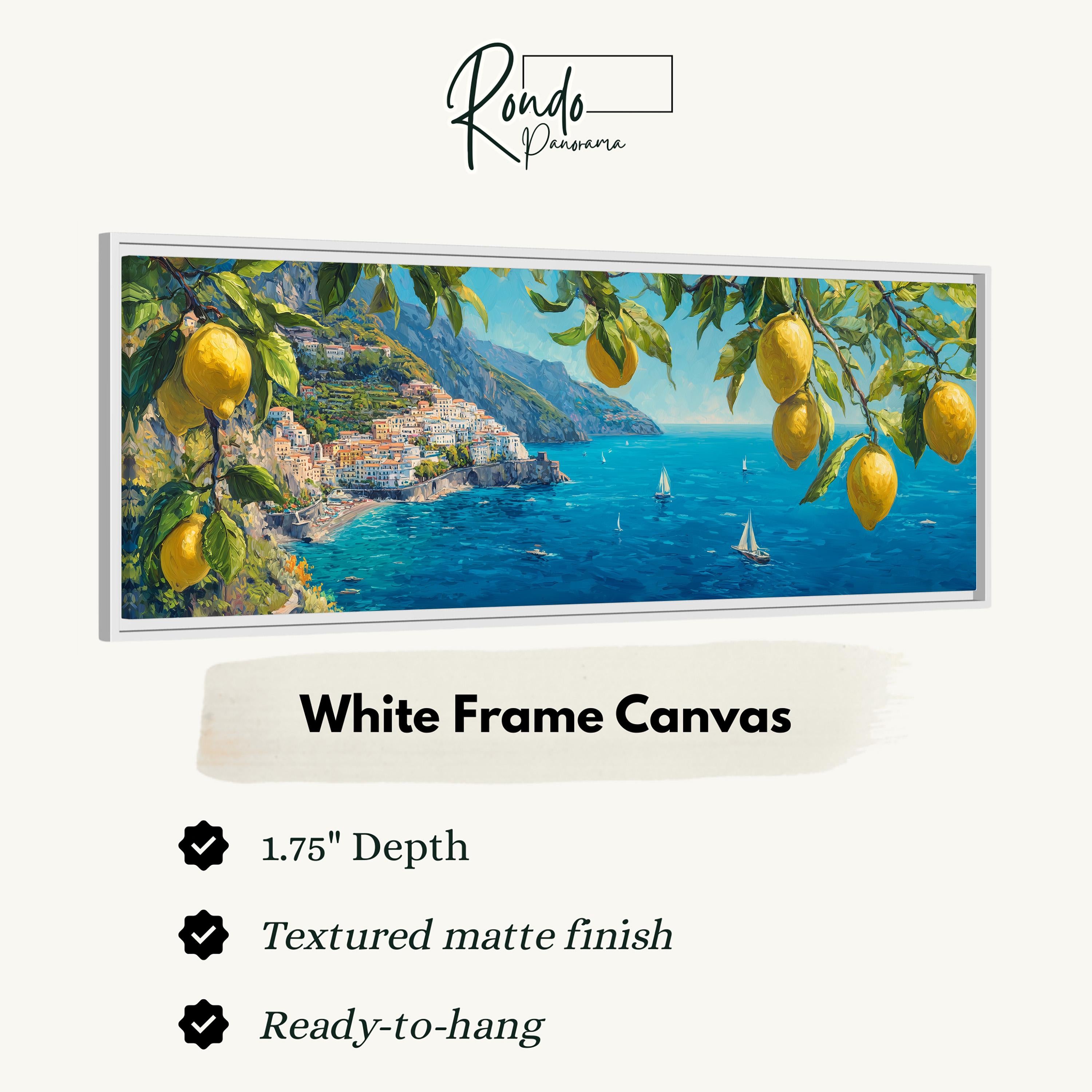 The image is a framed painting depicting a scenic coastal town with a picturesque view of the sea and lemon trees.