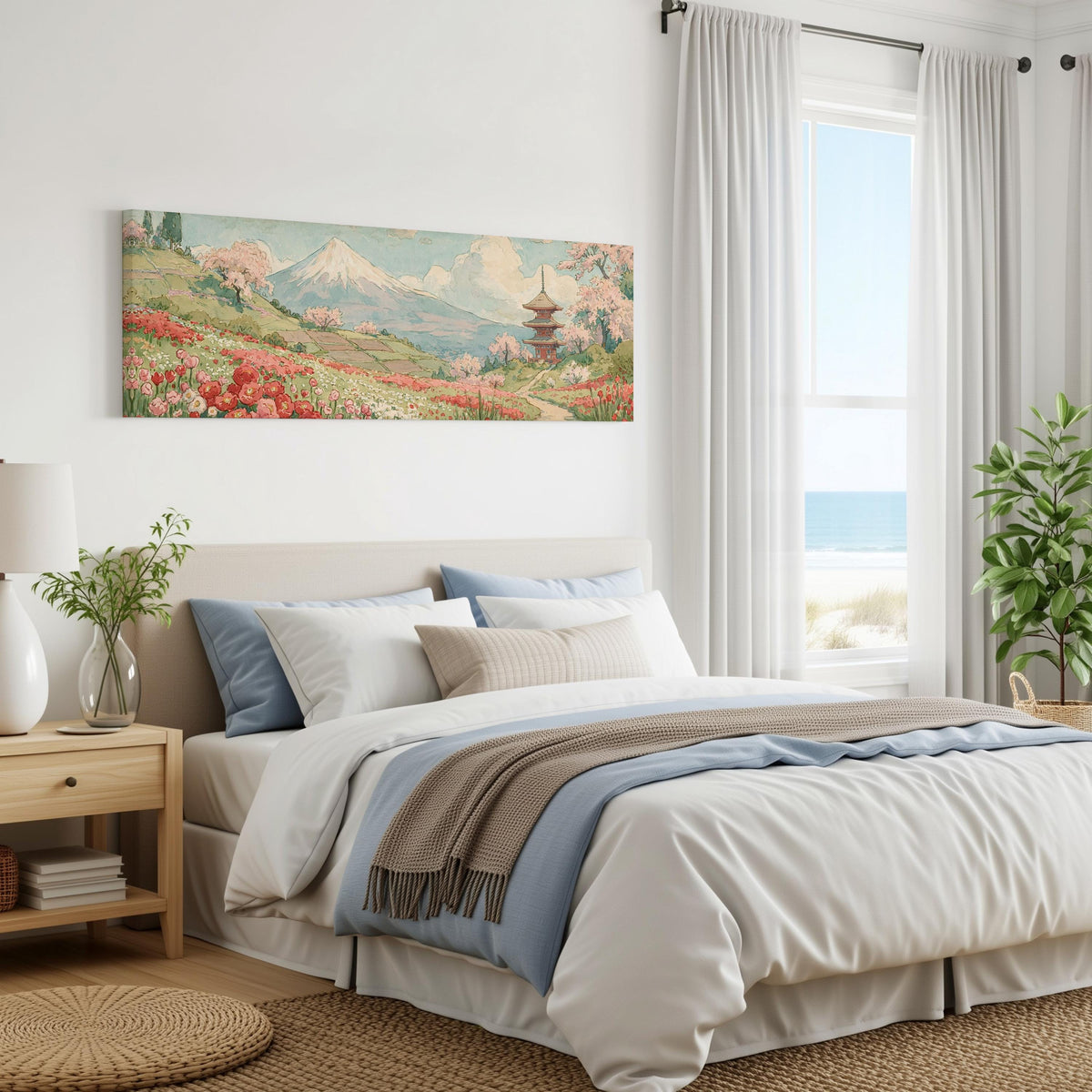 Mount Fuji with sakura and a pagoda panoramic canvas print above a bed in a coastal bedroom