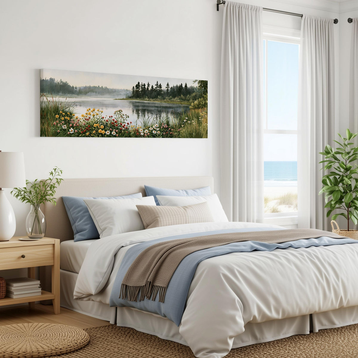 Lake with wildflowers on the shore panoramic canvas print above a bed in a coastal bedroom