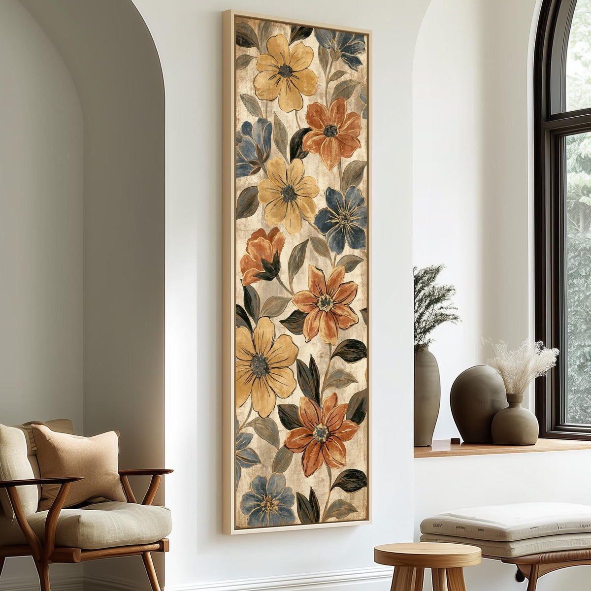 Gold and blue floral pattern long vertical canvas print in a sunlit living space