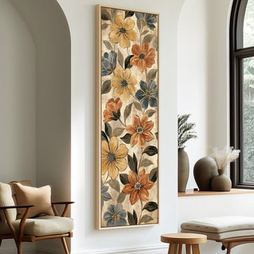 Gold and blue floral pattern long vertical canvas print in a sunlit living space