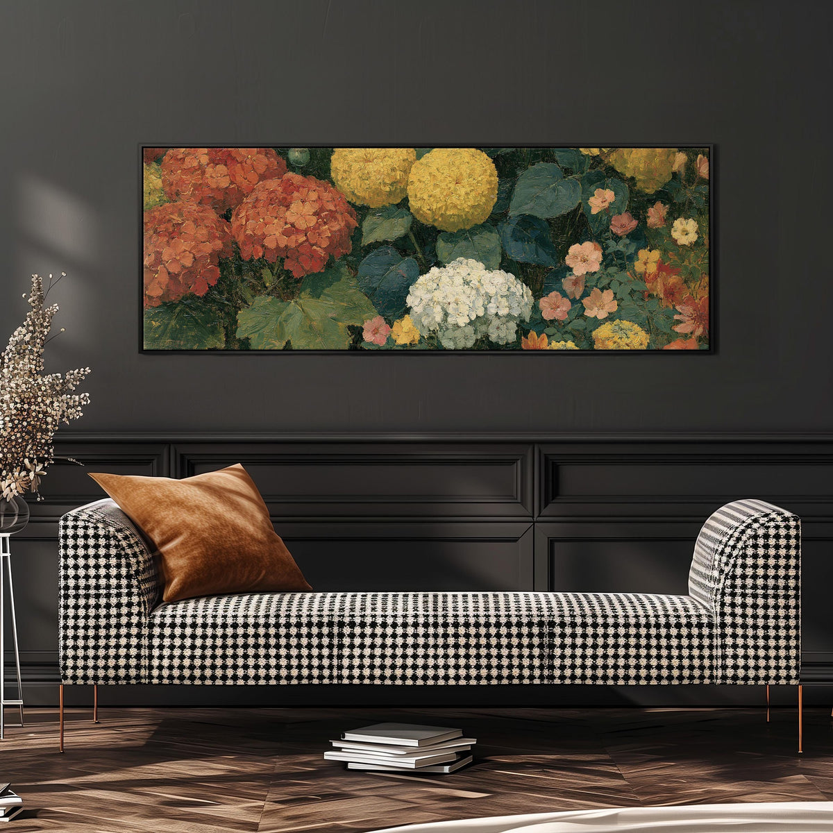 Warm hydrangea and dahlia bouquet wide panoramic canvas print above a bench in a dark living room