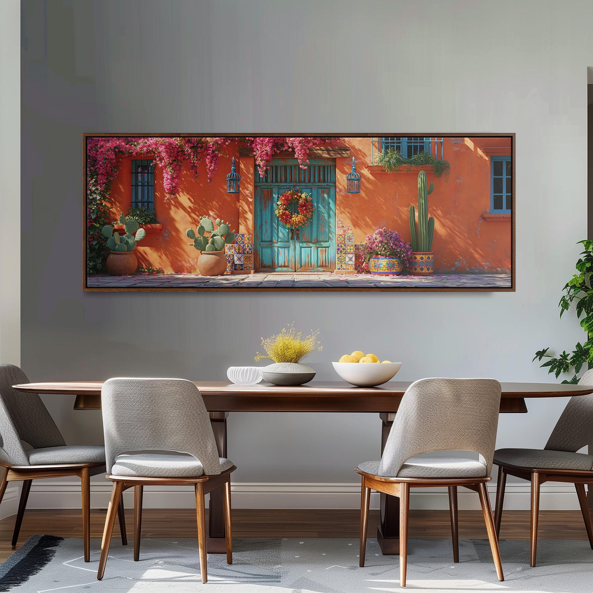 Adobe doorway with a wreath and cacti long horizontal canvas print above a dining table