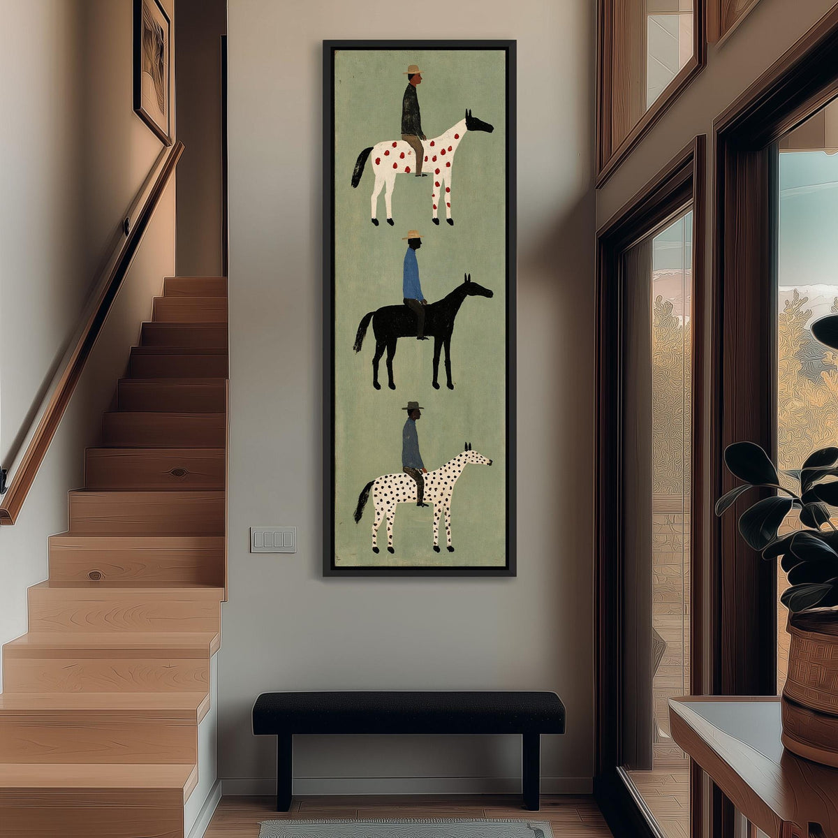Three folk riders on spotted horses stacked vertically tall narrow canvas print beside a staircase in an entryway