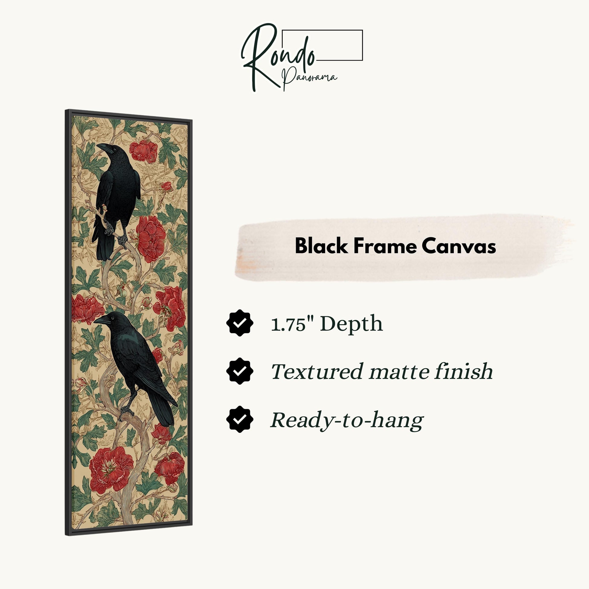 The image is a black frame canvas featuring a detailed illustration of two black birds perched on a branch with red flowers. The canvas has a 1.75" depth and is textured with a matte finish, making it ready to hang.