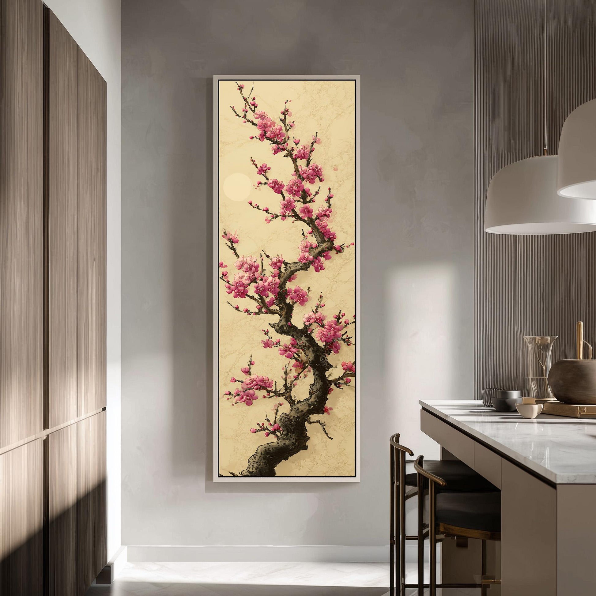 a large framed painting of a cherry blossom tree with pink flowers hanging on a wall in a modern kitchen.