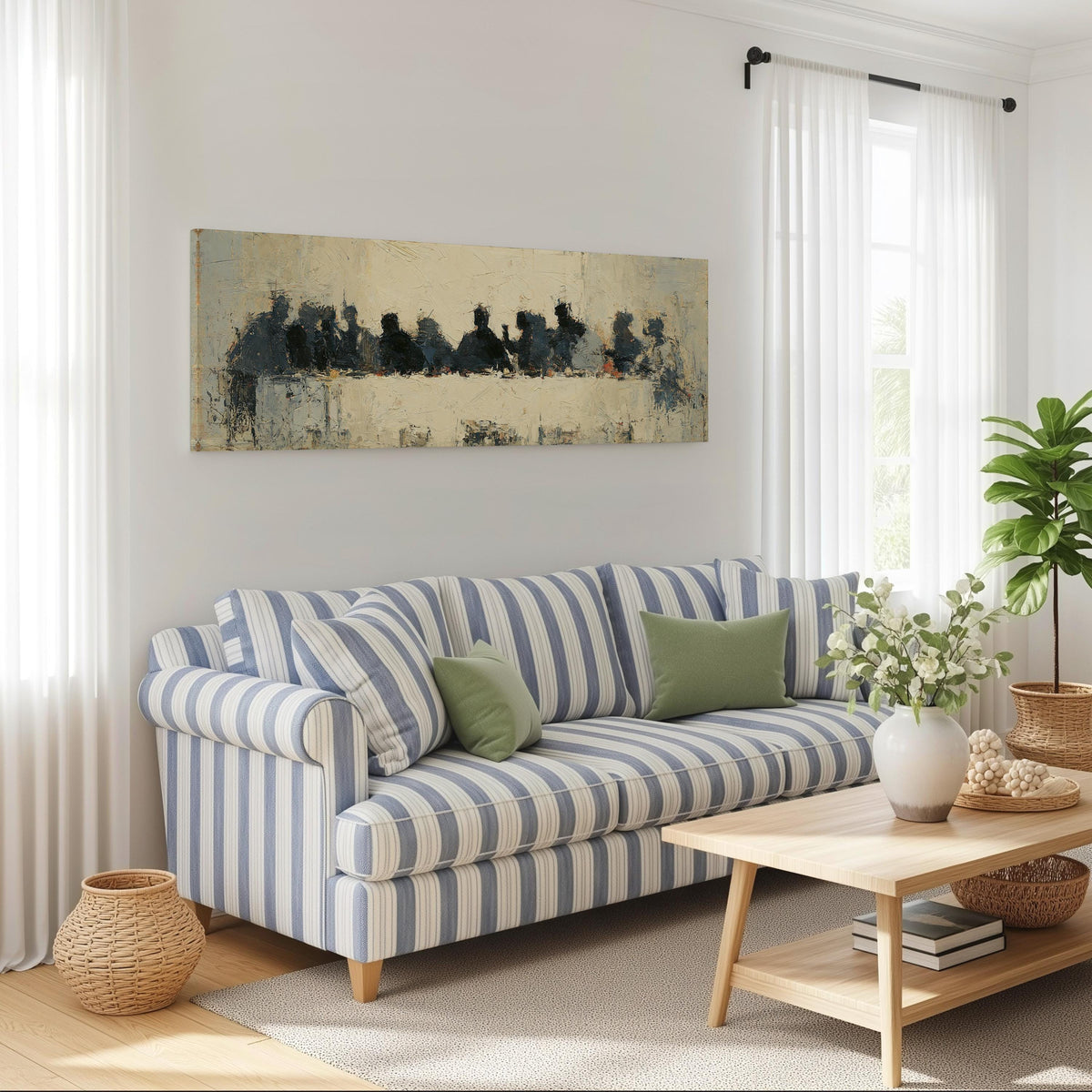 Abstract silhouette Last Supper long horizontal canvas print above a striped sofa in a coastal living room