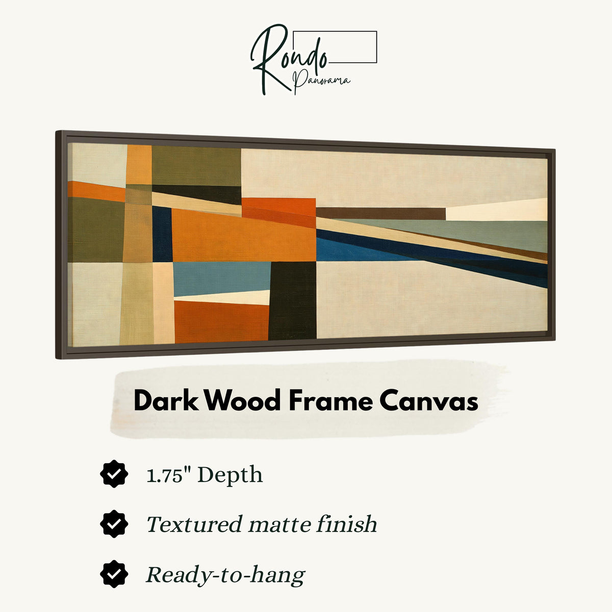 Olive and rust geometric blocks canvas print in a dark wood floating frame